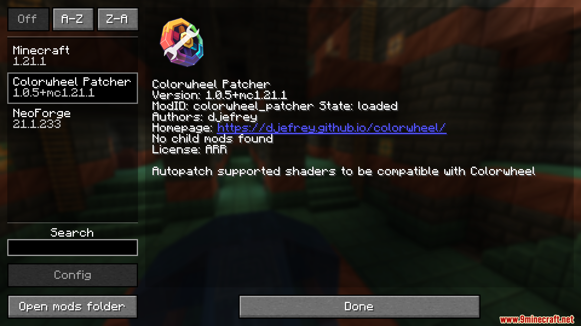 Colorwheel Patcher Mod Screenshot 1 Minecraft mod menu screen displaying details for the Colorwheel Patcher mod
