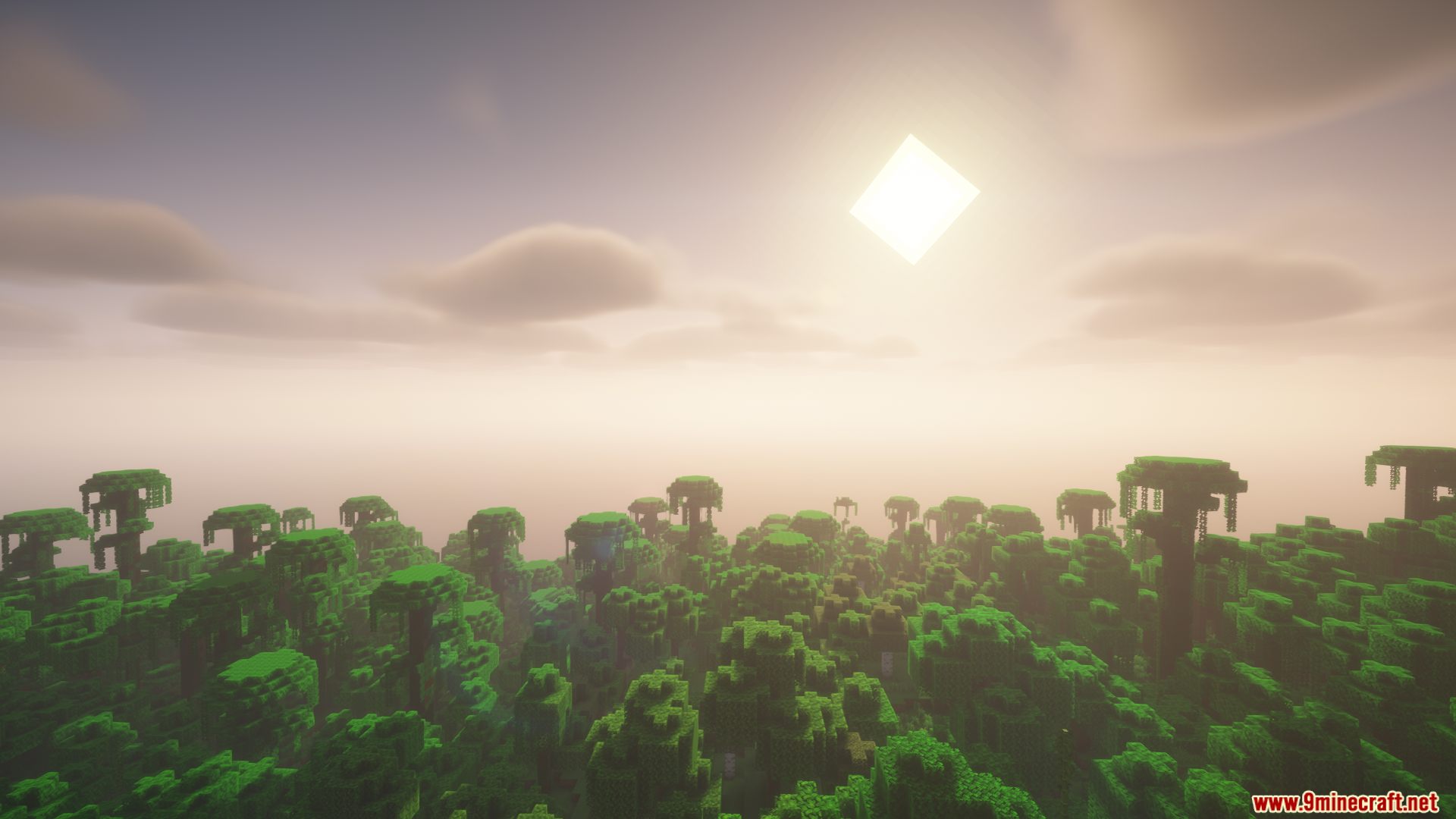 Colorwheel Patcher Mod Screenshot 11 Cinematic view of a dense jungle biome under a bright square sun