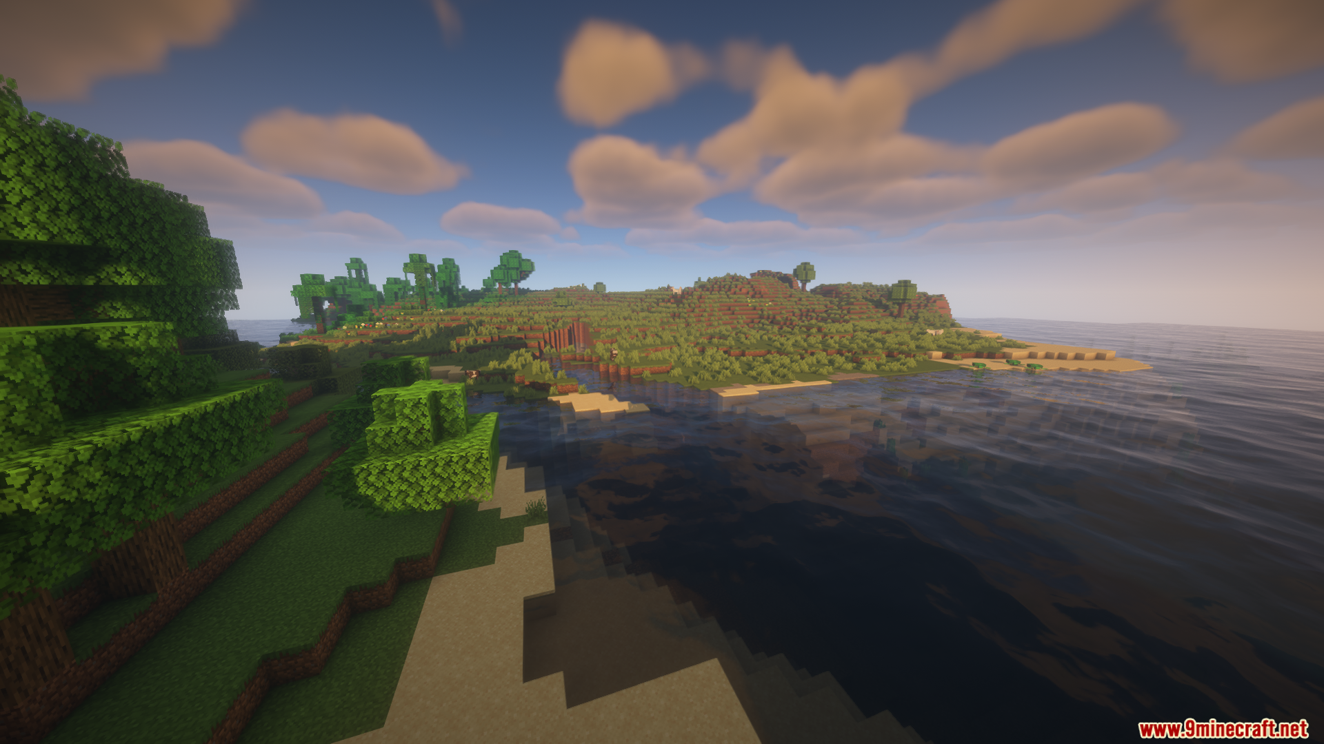 Colorwheel Patcher Mod Screenshot 3 Scenic view of a Minecraft coastline with realistic water and shader effects