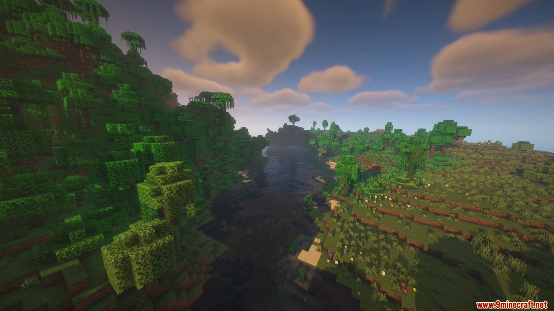 Colorwheel Patcher Mod Screenshot 5 Lush jungle and flowery plains separated by a calm river under soft sunlight