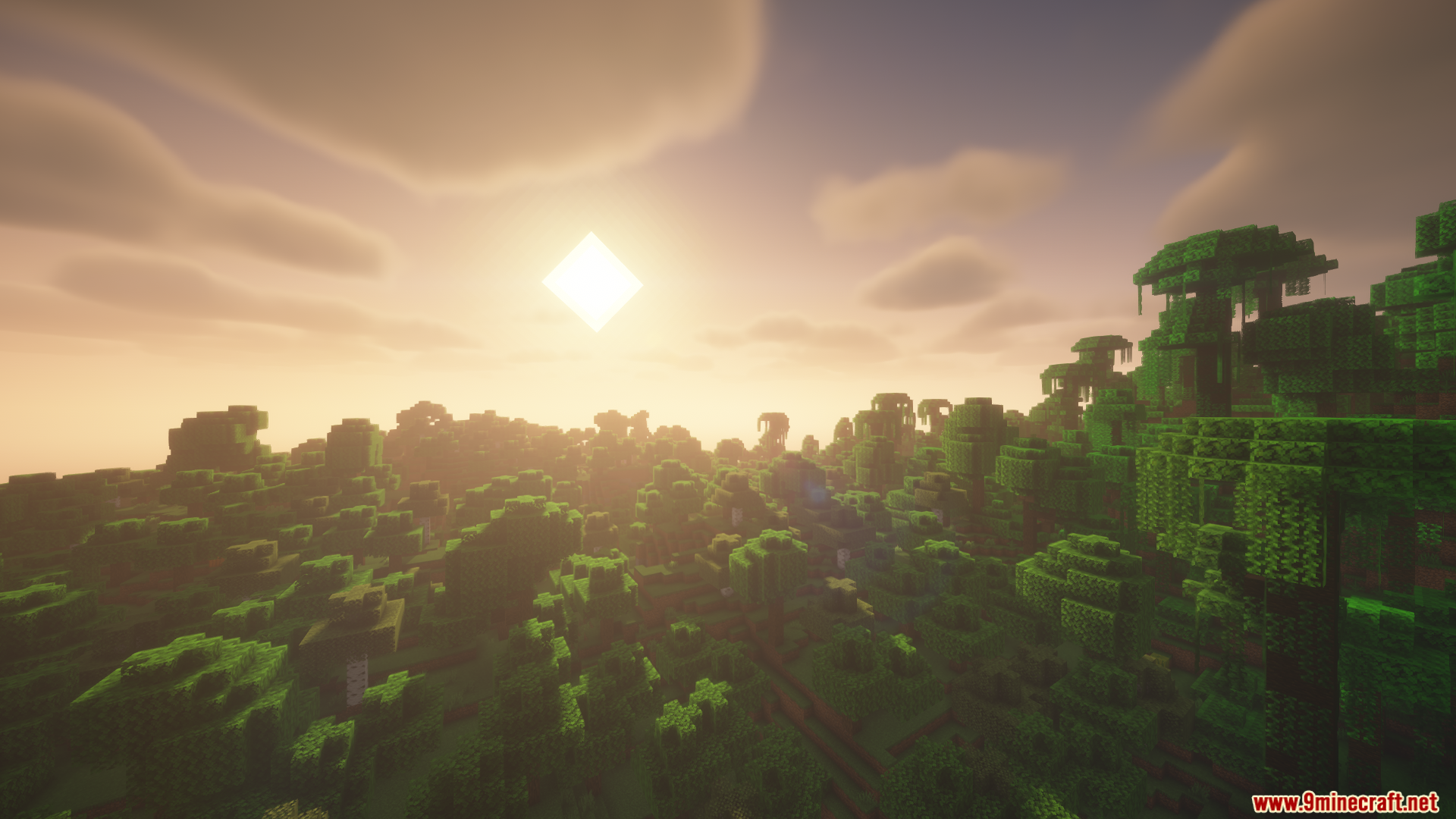 Colorwheel Patcher Mod Screenshot 6 Square sun shining brightly over a thick jungle canopy during a warm sunset