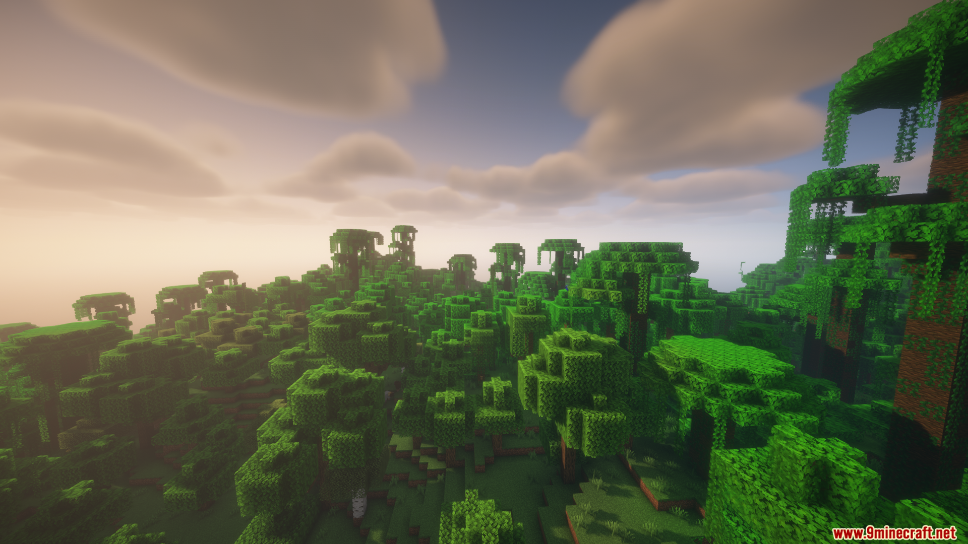 Colorwheel Patcher Mod Screenshot 9 A lush Minecraft jungle biome illuminated by a warm sunset glow with shaders