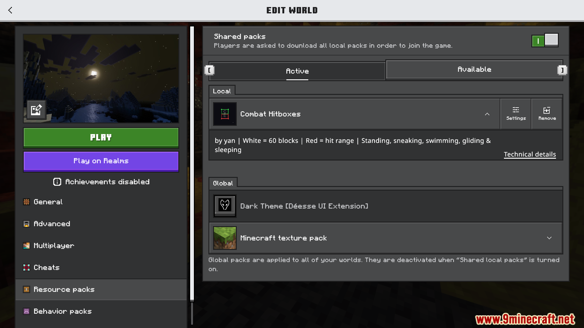 Minecraft Edit World menu showing the Combat Hitboxes resource pack active in settings