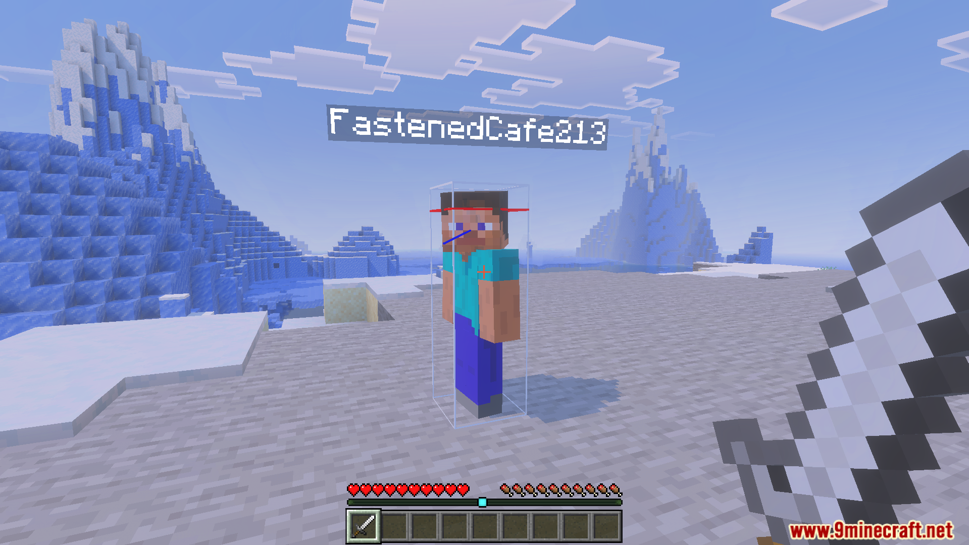 Close up of a player character with a white wireframe hitbox outline