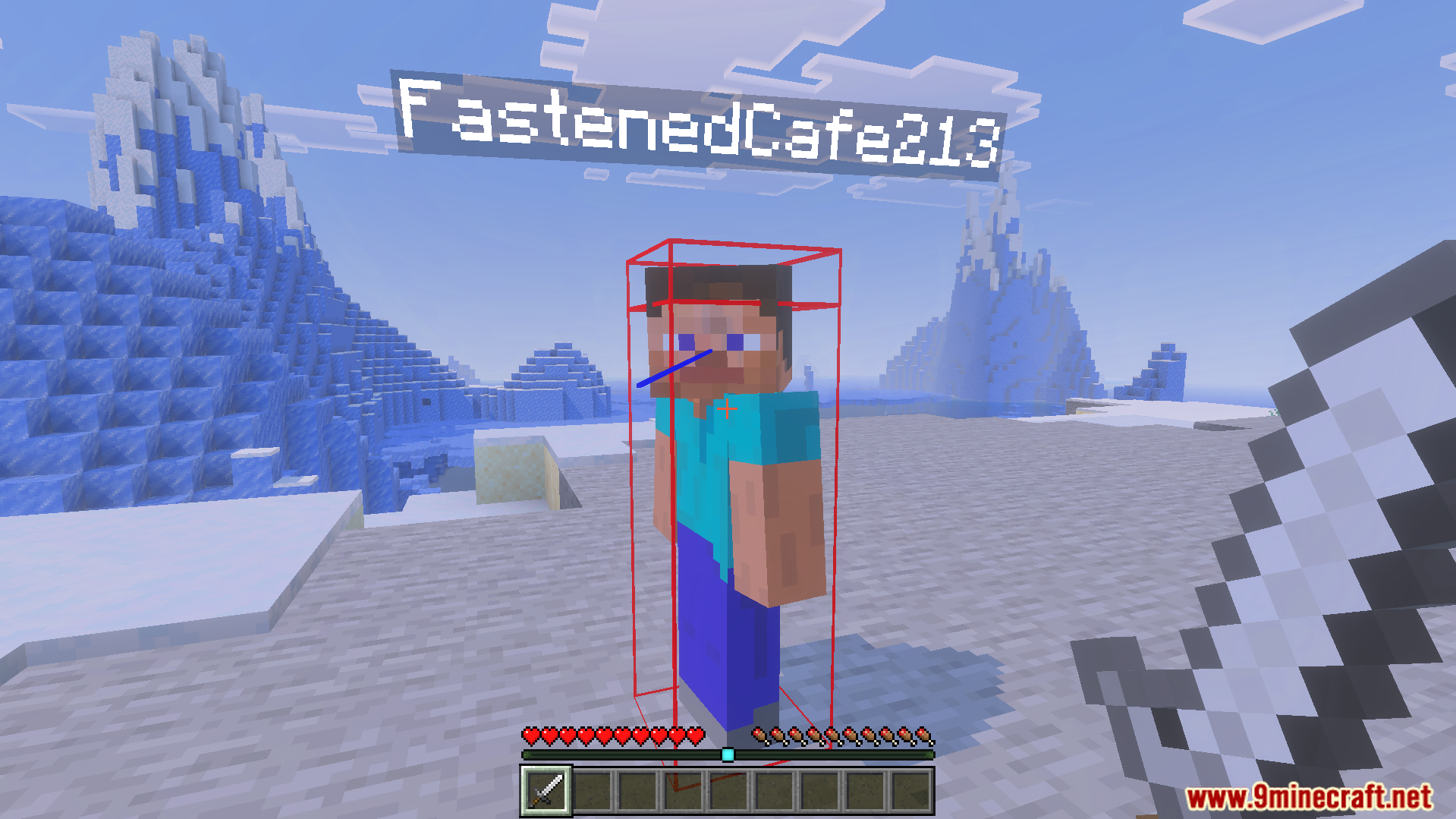 Minecraft player with a red wireframe outline showing their hitboxes up close