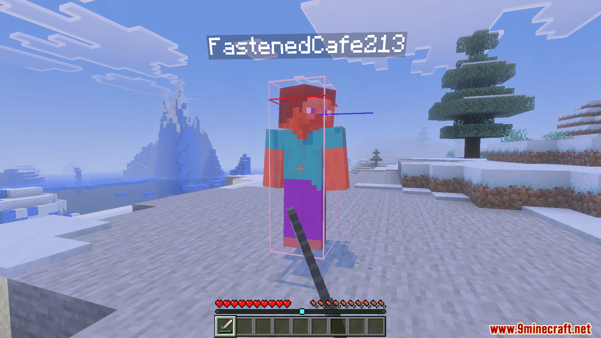 Minecraft player with a pink combat hitbox outline standing on snowy ground