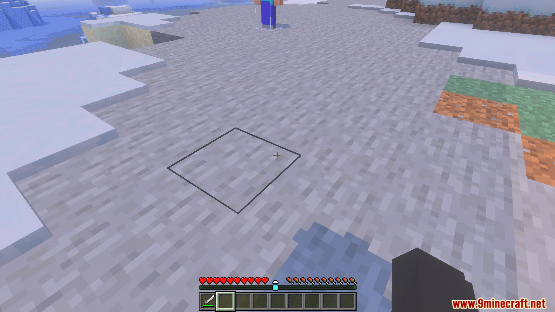 Gameplay view showing a player with a visible hitbox outline in the distance