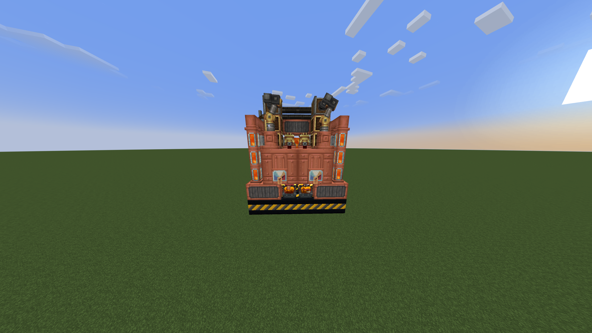 A compact copper boiler machine with hazard stripes in a flat Minecraft world
