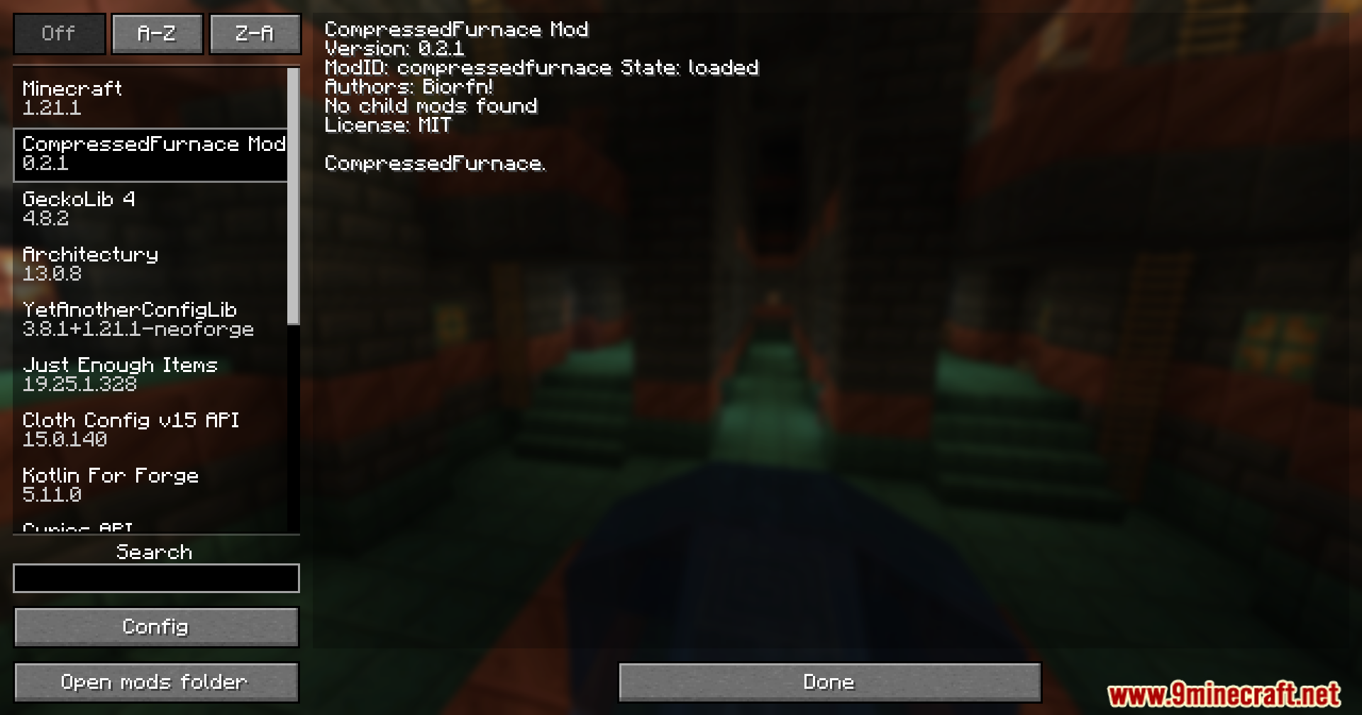 The Minecraft mod menu displays the CompressedFurnace Mod and its version information