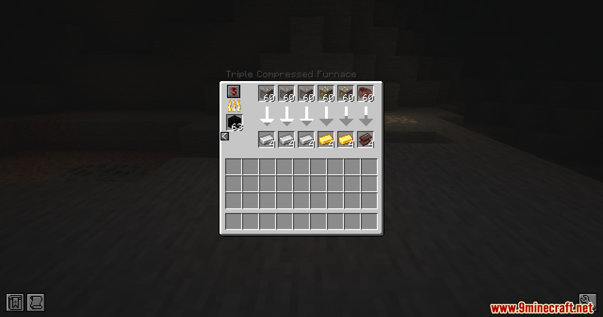 Triple Compressed Furnace interface showing multiple items being smelted at once