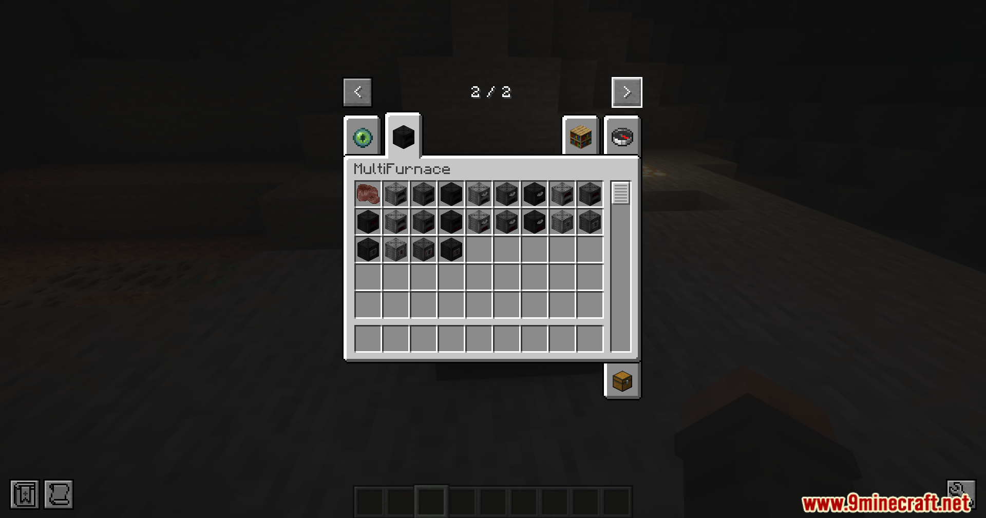 A creative inventory tab shows various new furnace and factory machine blocks