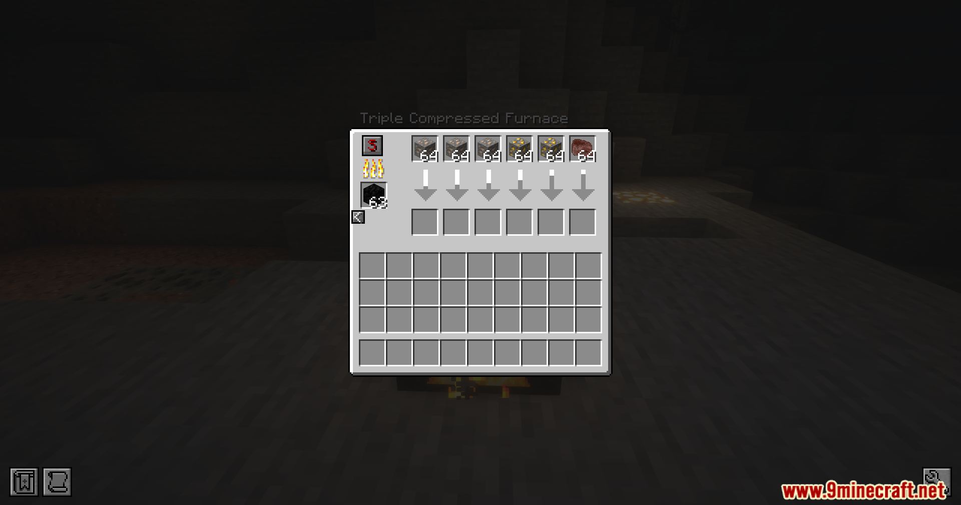 The Triple Compressed Furnace interface showing six input slots processing various metal ores