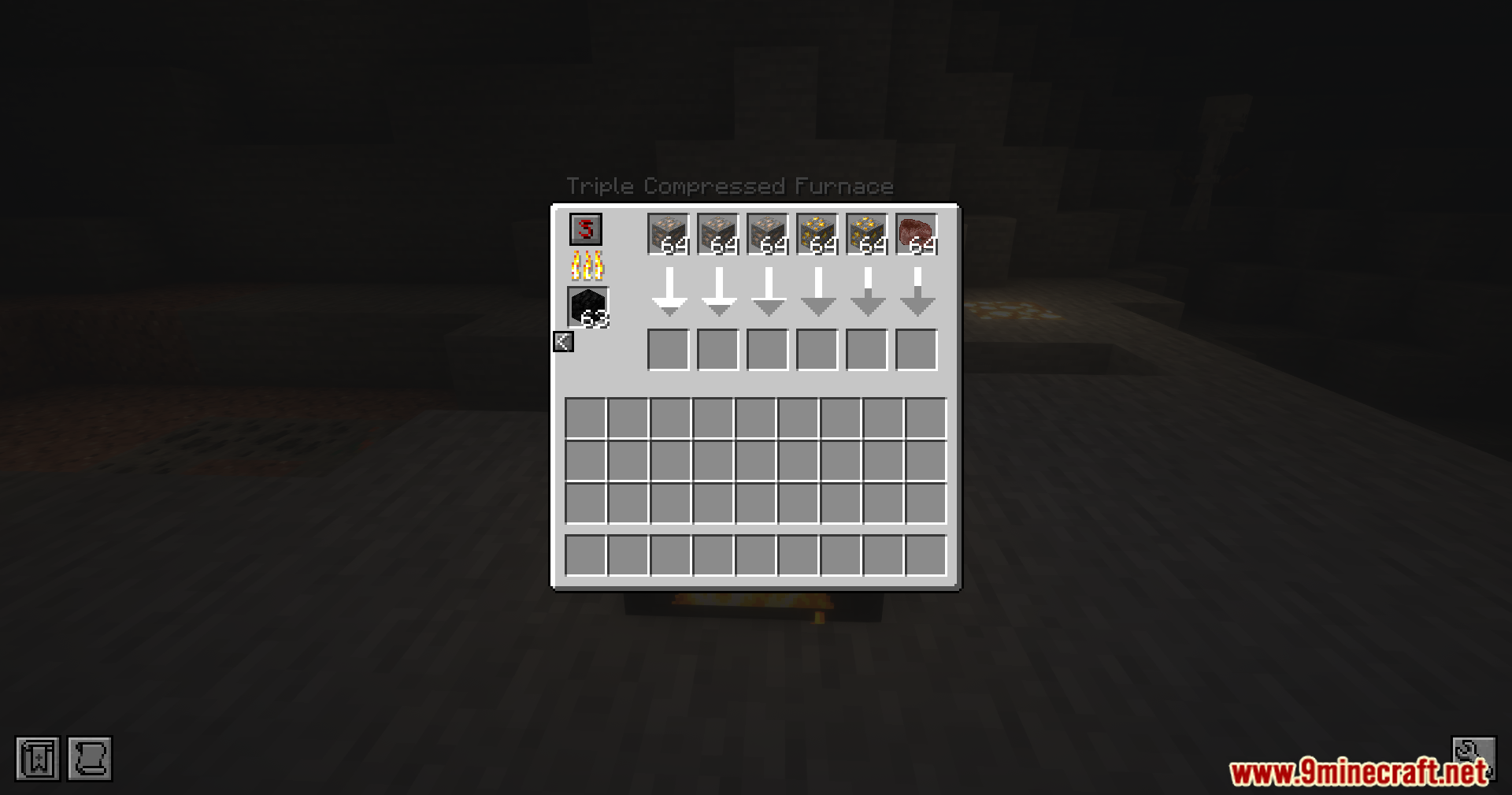 The Triple Compressed Furnace interface with six input slots filled with ores