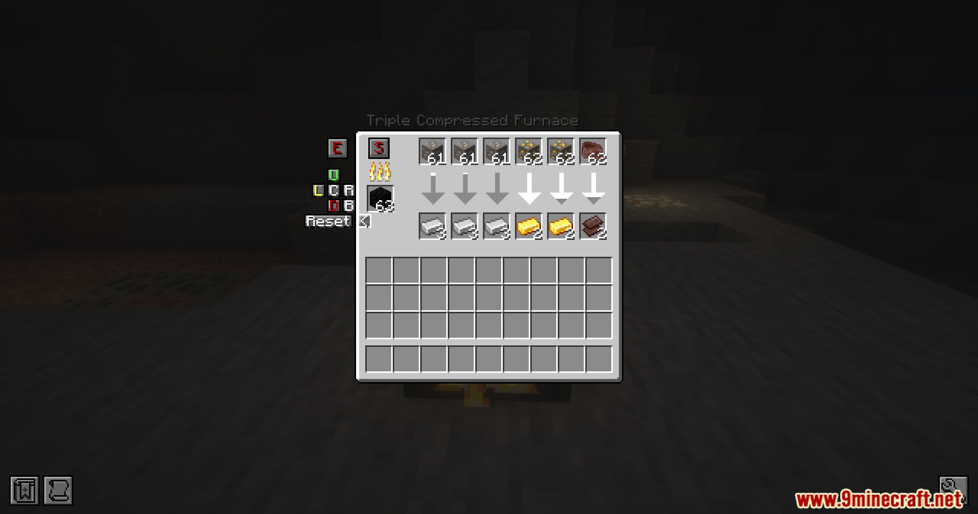 The Triple Compressed Furnace interface displays multiple input and output smelting slots