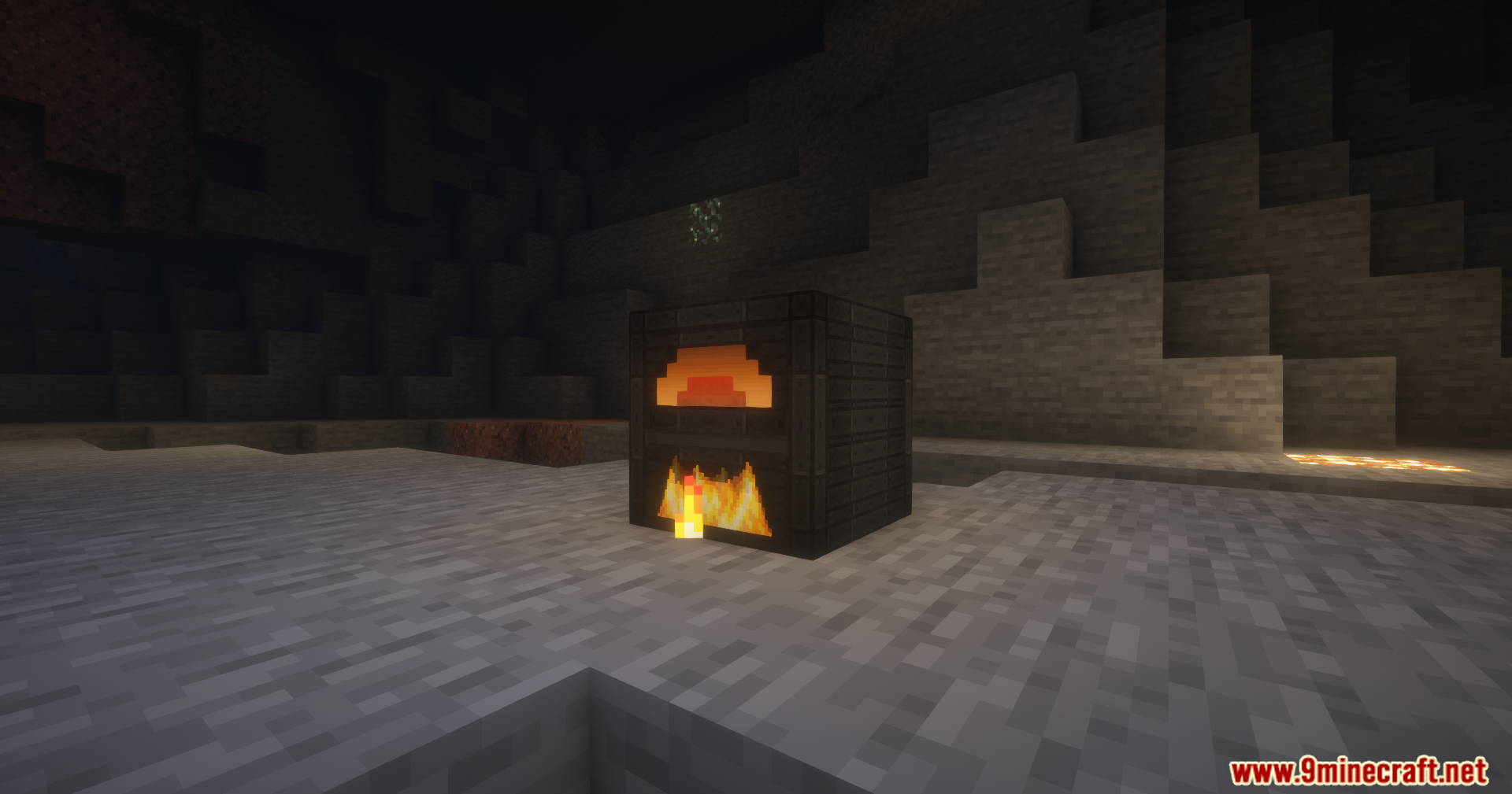 A furnace factory block smelting items inside a dark stone cave