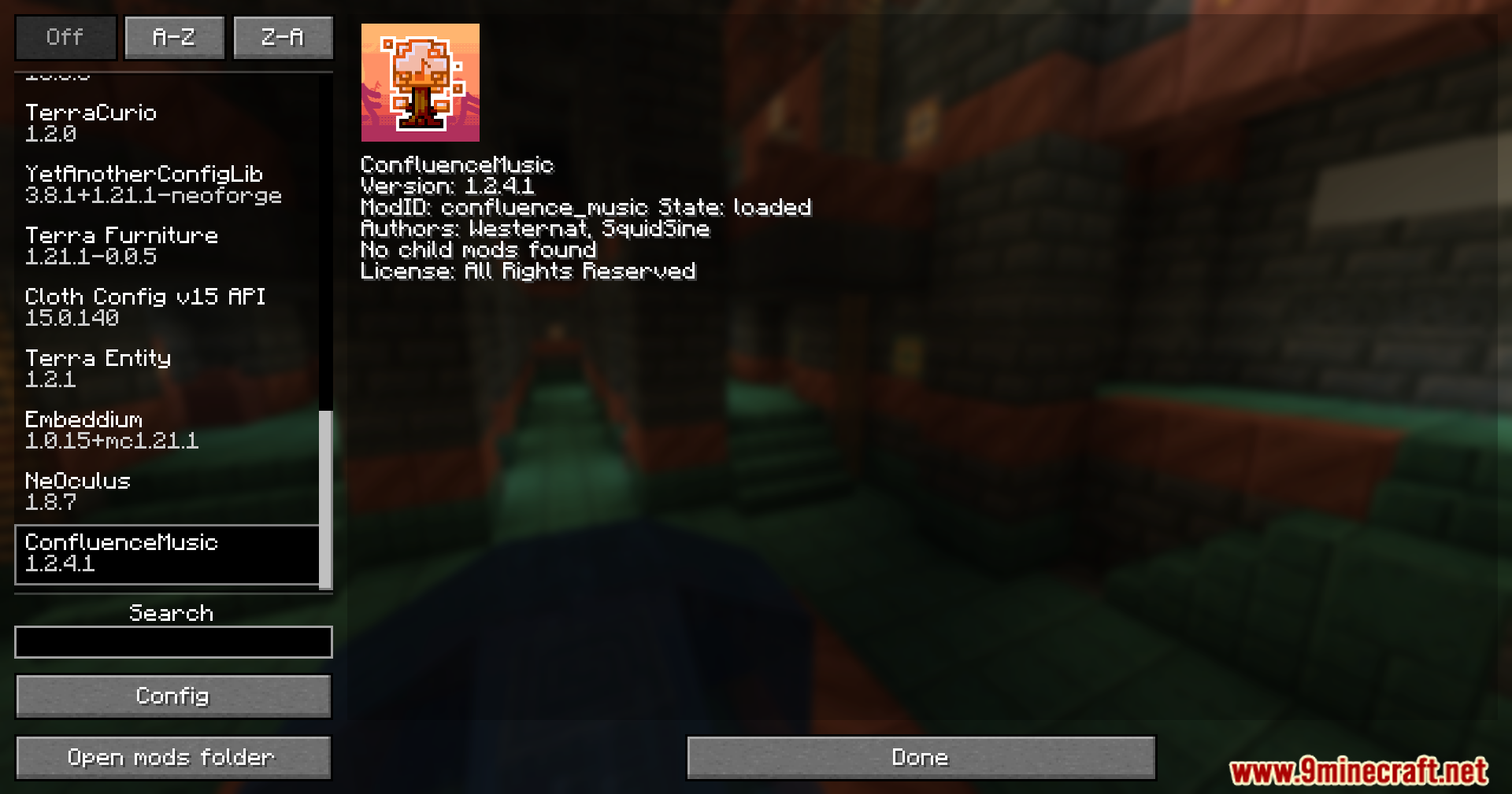 Confluence Music Mod Screenshot 1 Minecraft mod list screen displaying information about the Confluence Music addon