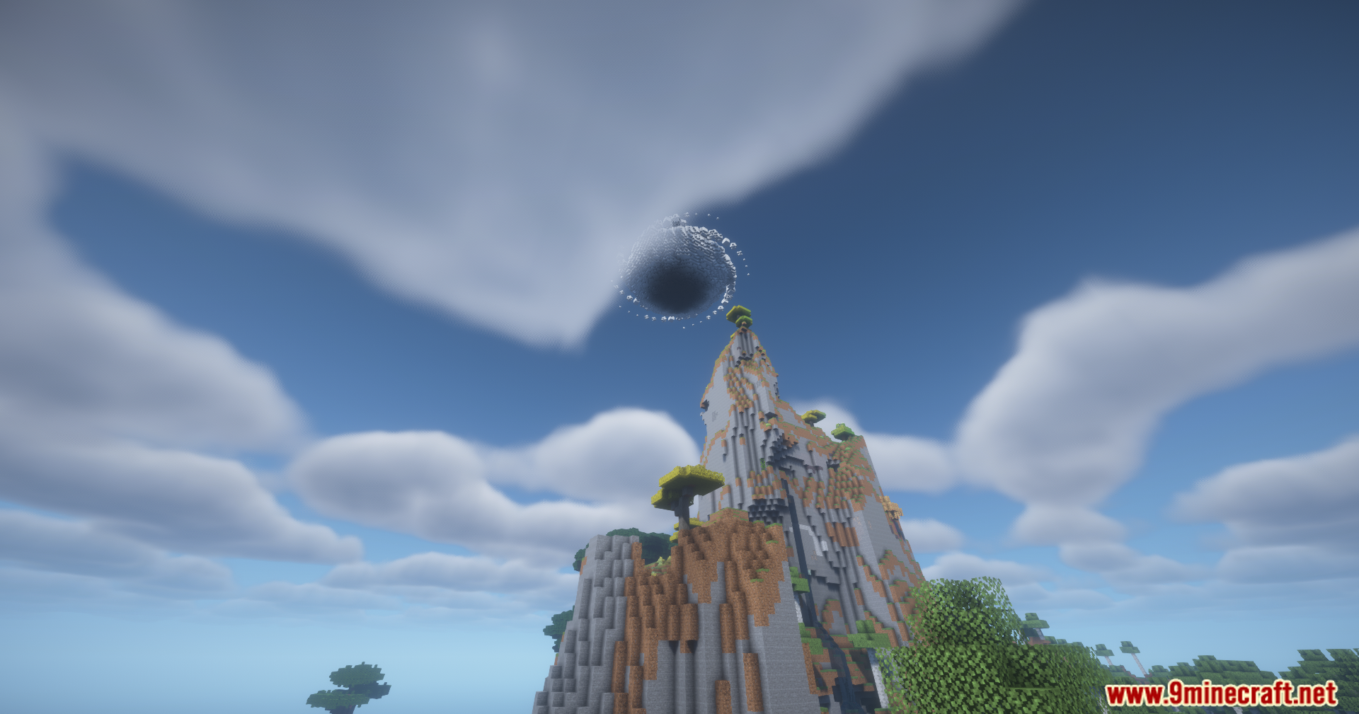 Confluence Music Mod Screenshot 4 A mysterious dark vortex hovering over a tall mountain peak in the sky
