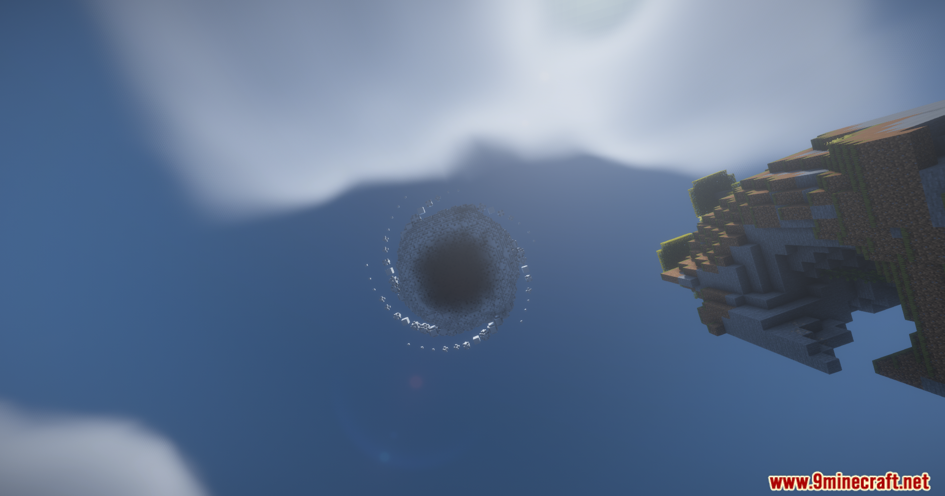 Confluence Music Mod Screenshot 5 A dark swirling vortex pulls blocks from a floating island in the sky