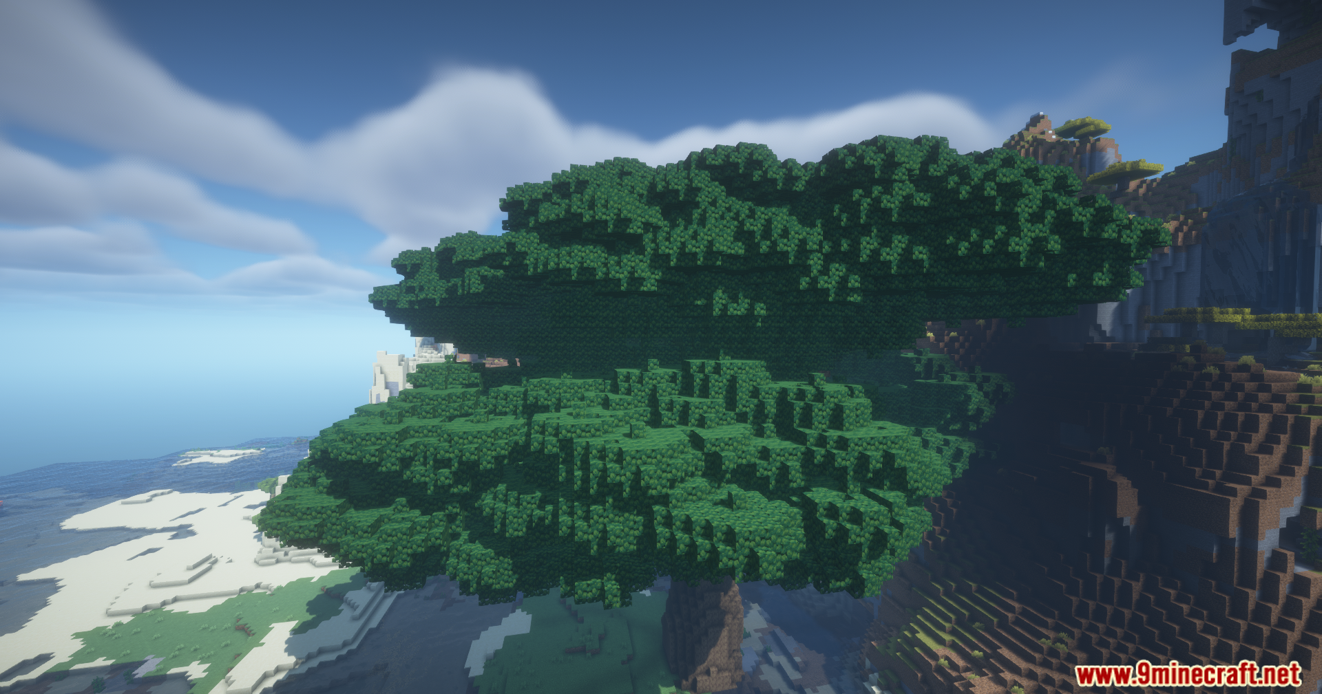 Confluence Music Mod Screenshot 9 A giant custom tree standing tall near a scenic Minecraft coastline