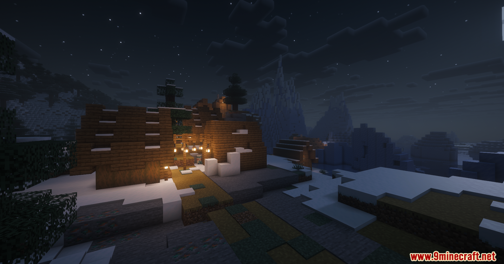 Contour Shaders Screenshot 1 A cozy snowy village at night with wooden houses and warm lanterns