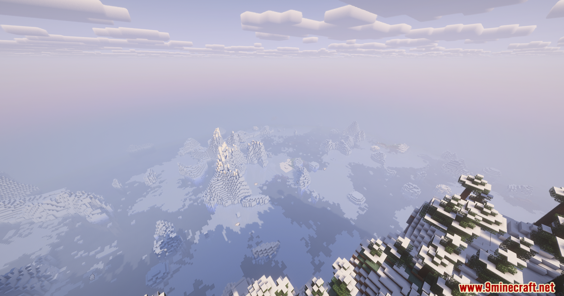Contour Shaders Screenshot 10 A foggy aerial view of a vast frozen biome with ice spikes and snow