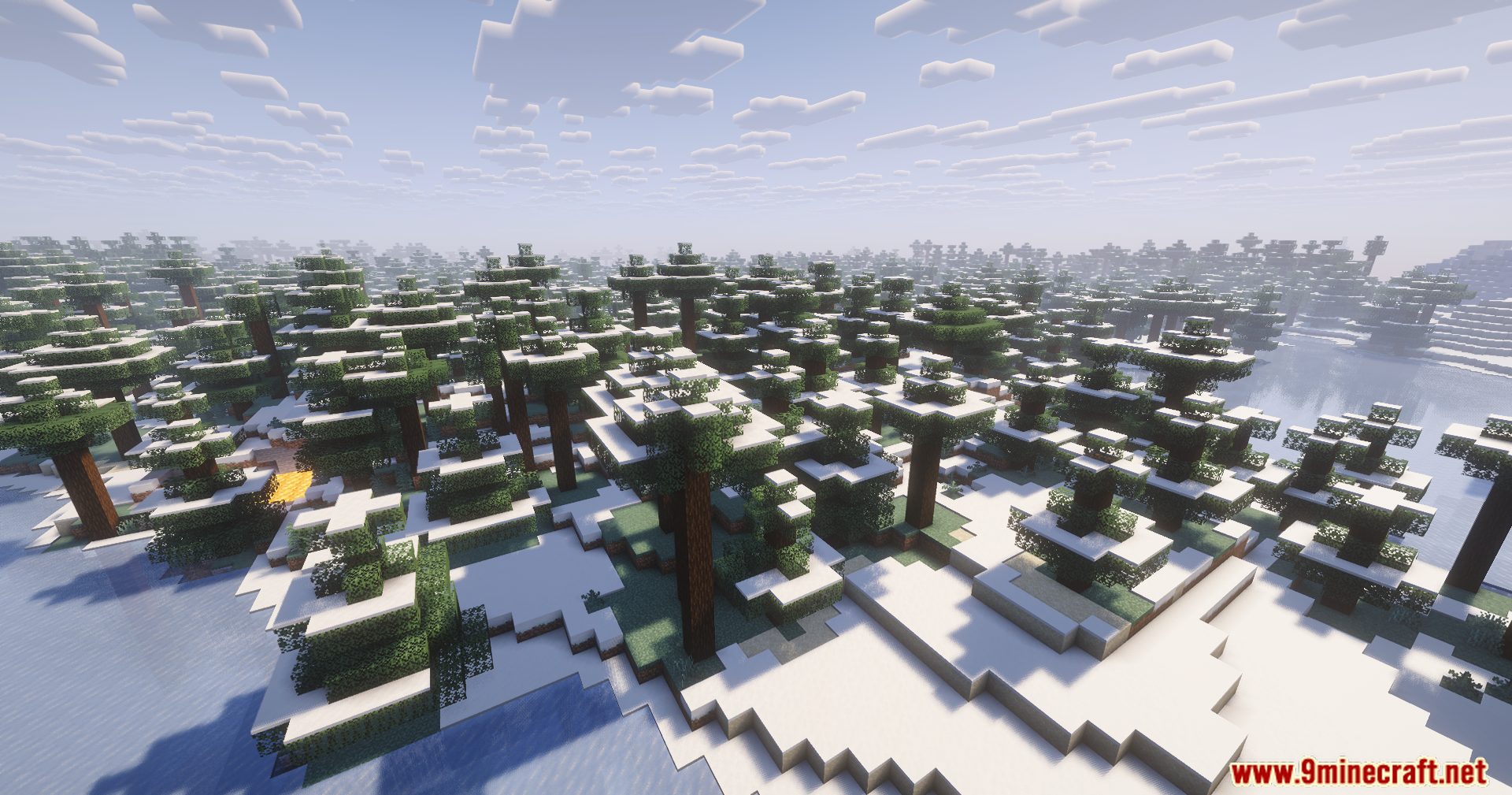 Contour Shaders Screenshot 11 A scenic view of a snowy spruce forest with realistic shader lighting