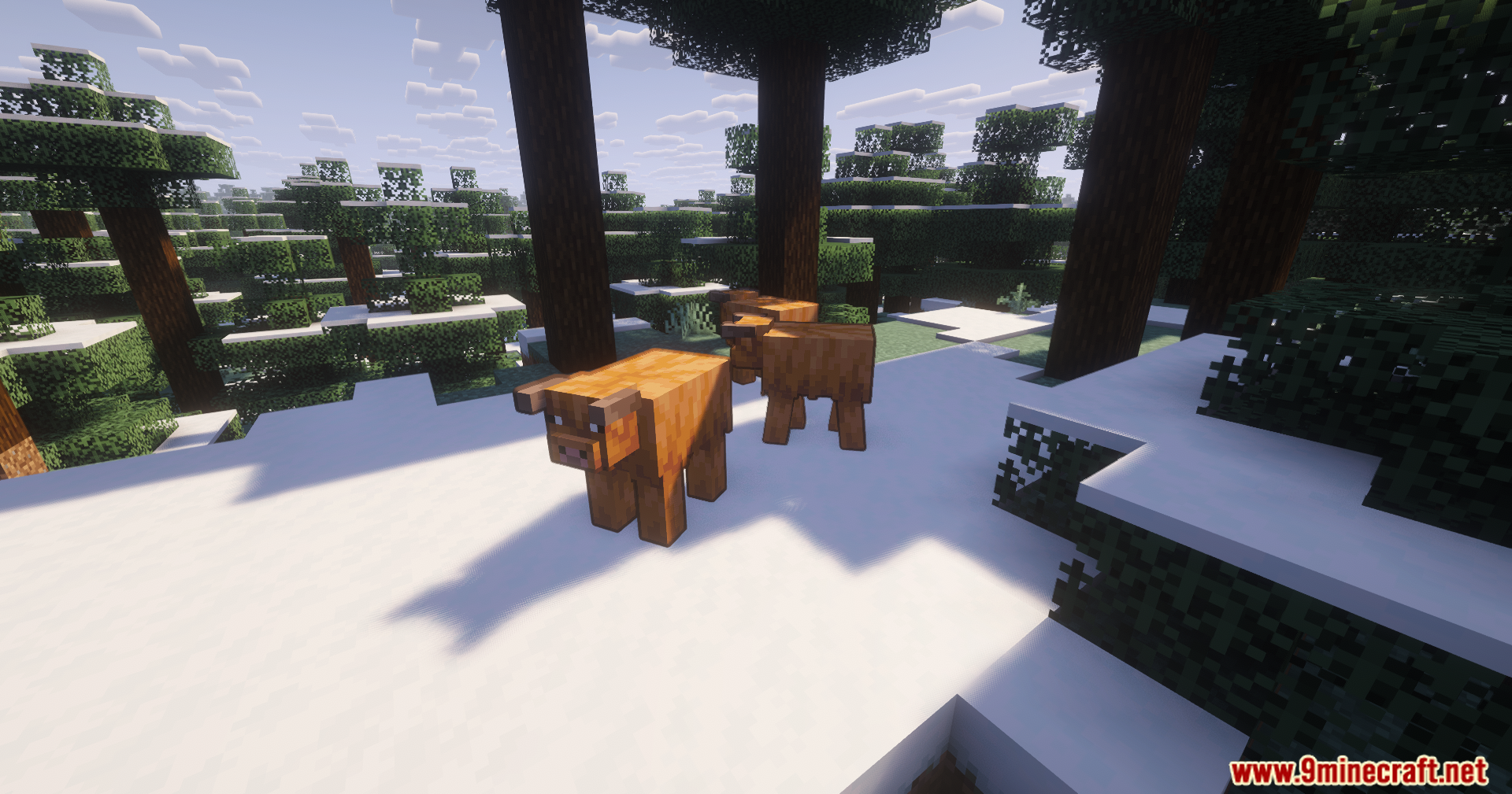 Contour Shaders Screenshot 12 Three brown cows with colorful outlines standing in a snowy forest