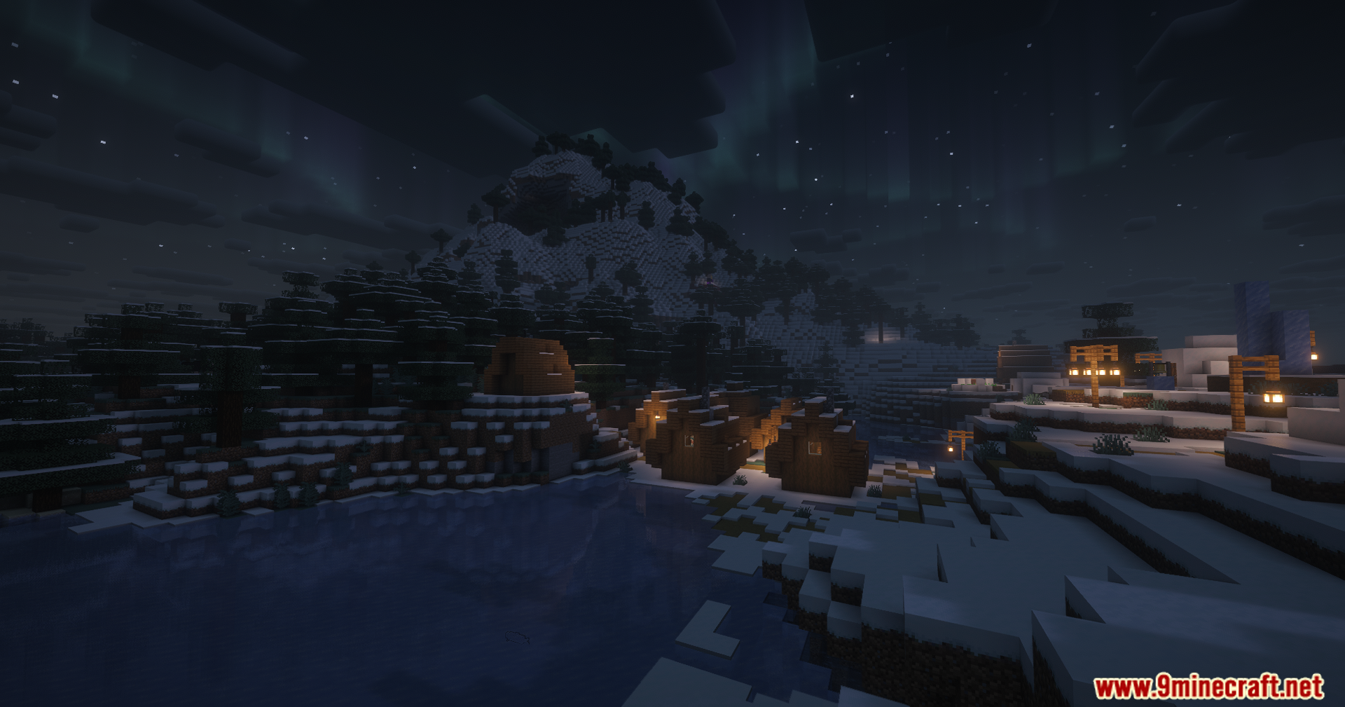 Contour Shaders Screenshot 2 A snowy landscape at night with an aurora borealis over a small village