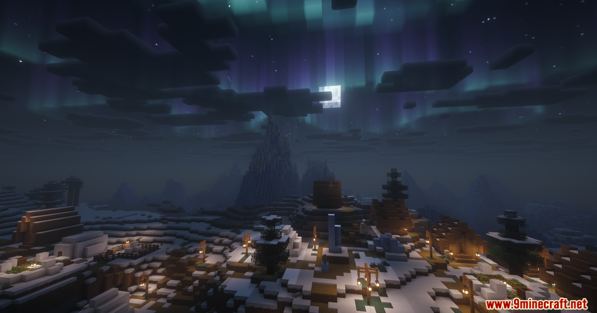 Contour Shaders Screenshot 3 Snowy village at night under a bright moon and colorful aurora borealis