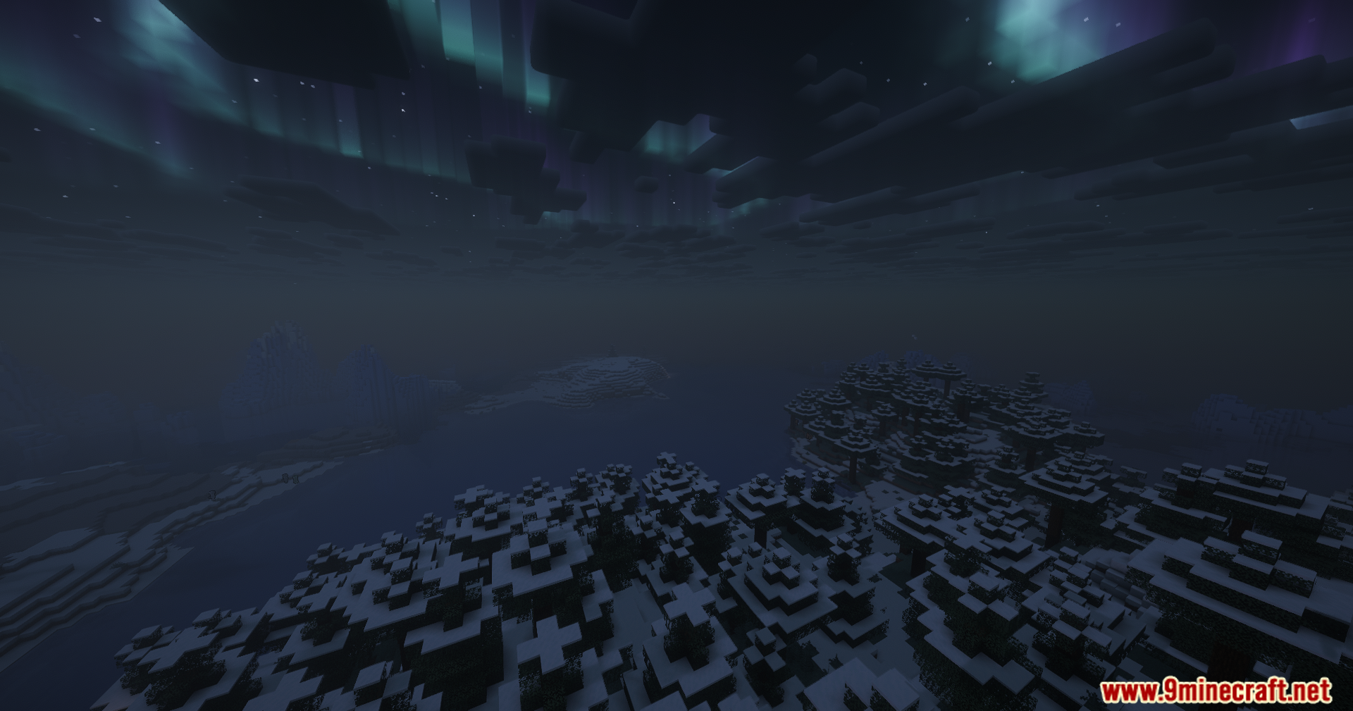 Contour Shaders Screenshot 4 Snowy forest landscape at night with vibrant aurora borealis in the sky