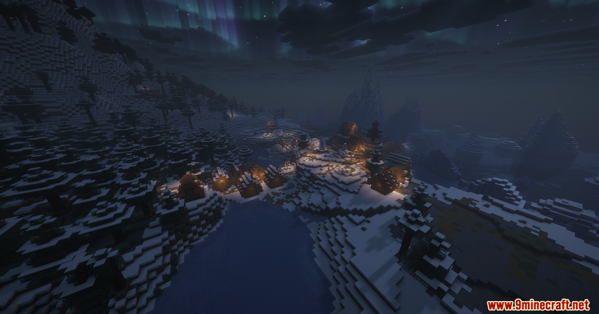 Contour Shaders Screenshot 6 Warm lights glow from a small village nestled in a snowy mountain valley