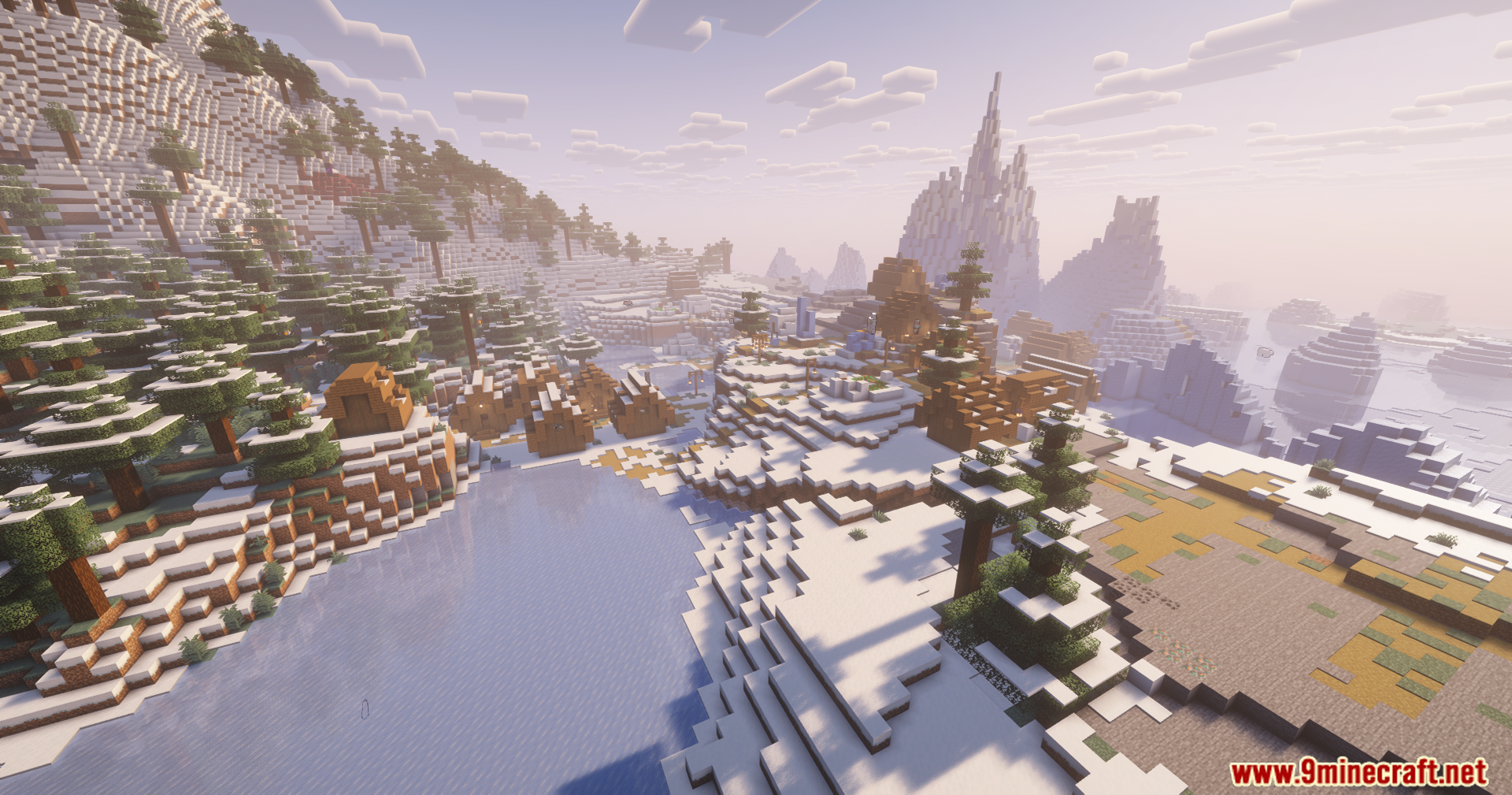 Contour Shaders Screenshot 7 A snowy village nestled between mountains and a frozen lake with shaders