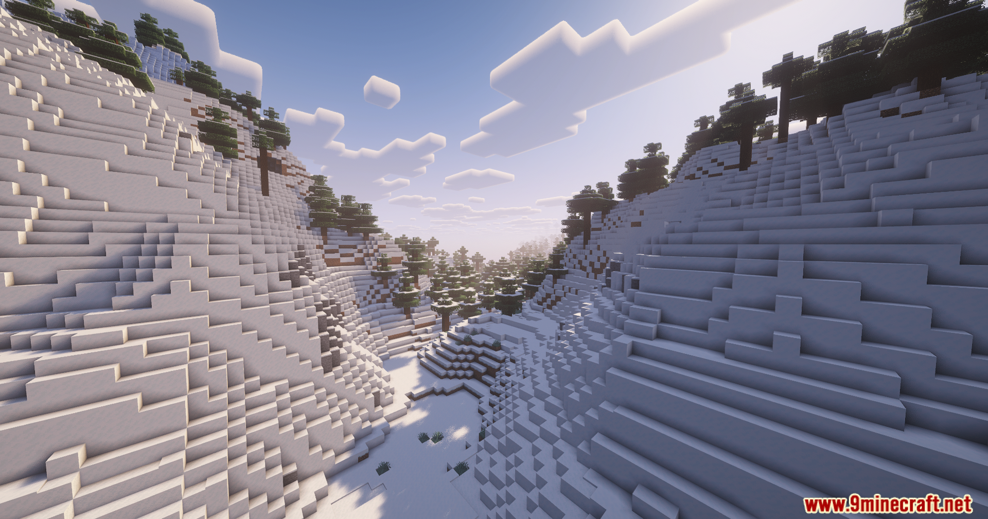 Contour Shaders Screenshot 9 Sunlight shines through a snowy mountain valley filled with tall pine trees