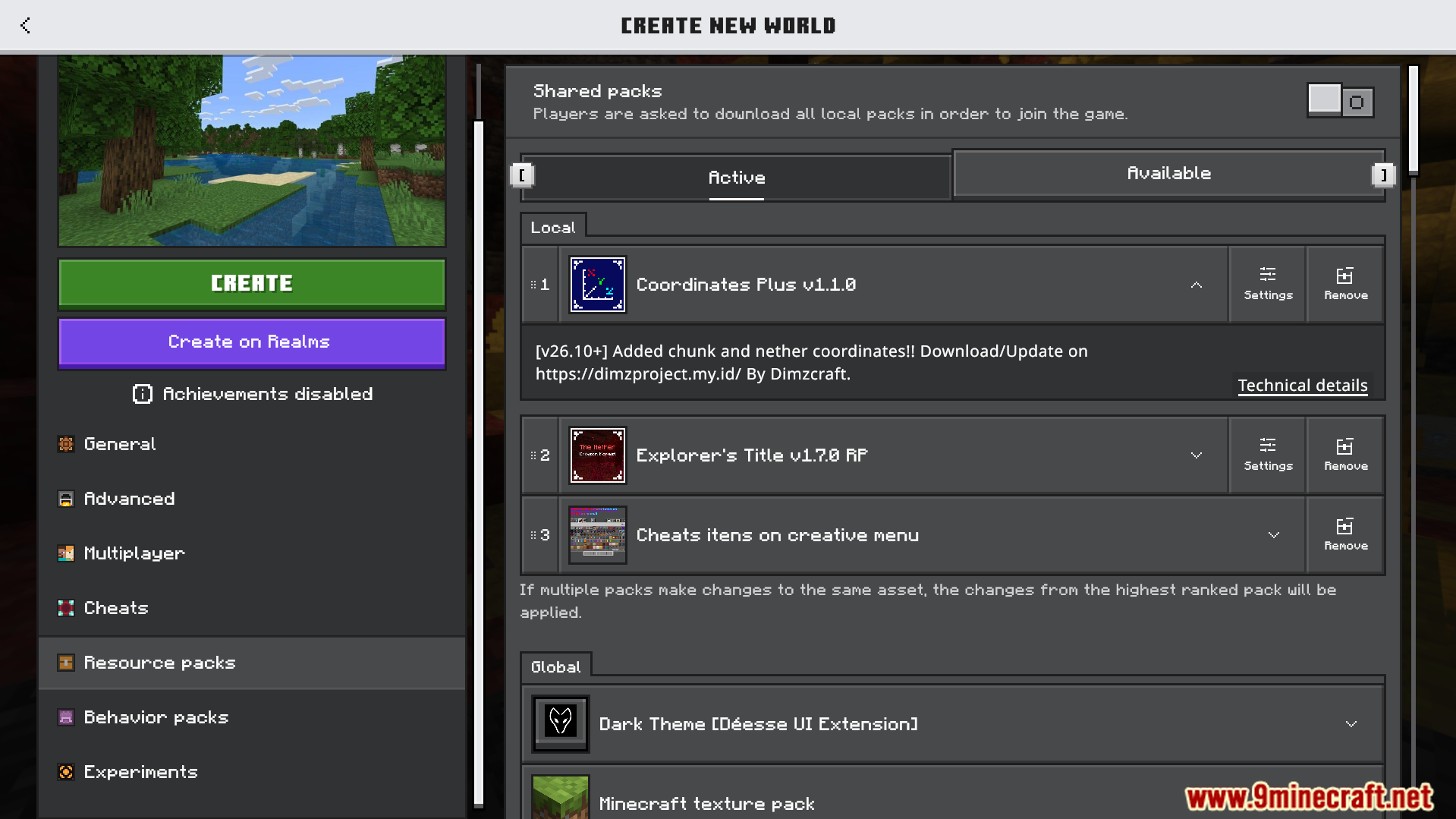 Coordinates Plus Texture Pack Screenshot 1 Minecraft world creation screen showing the active Coordinates Plus resource pack list