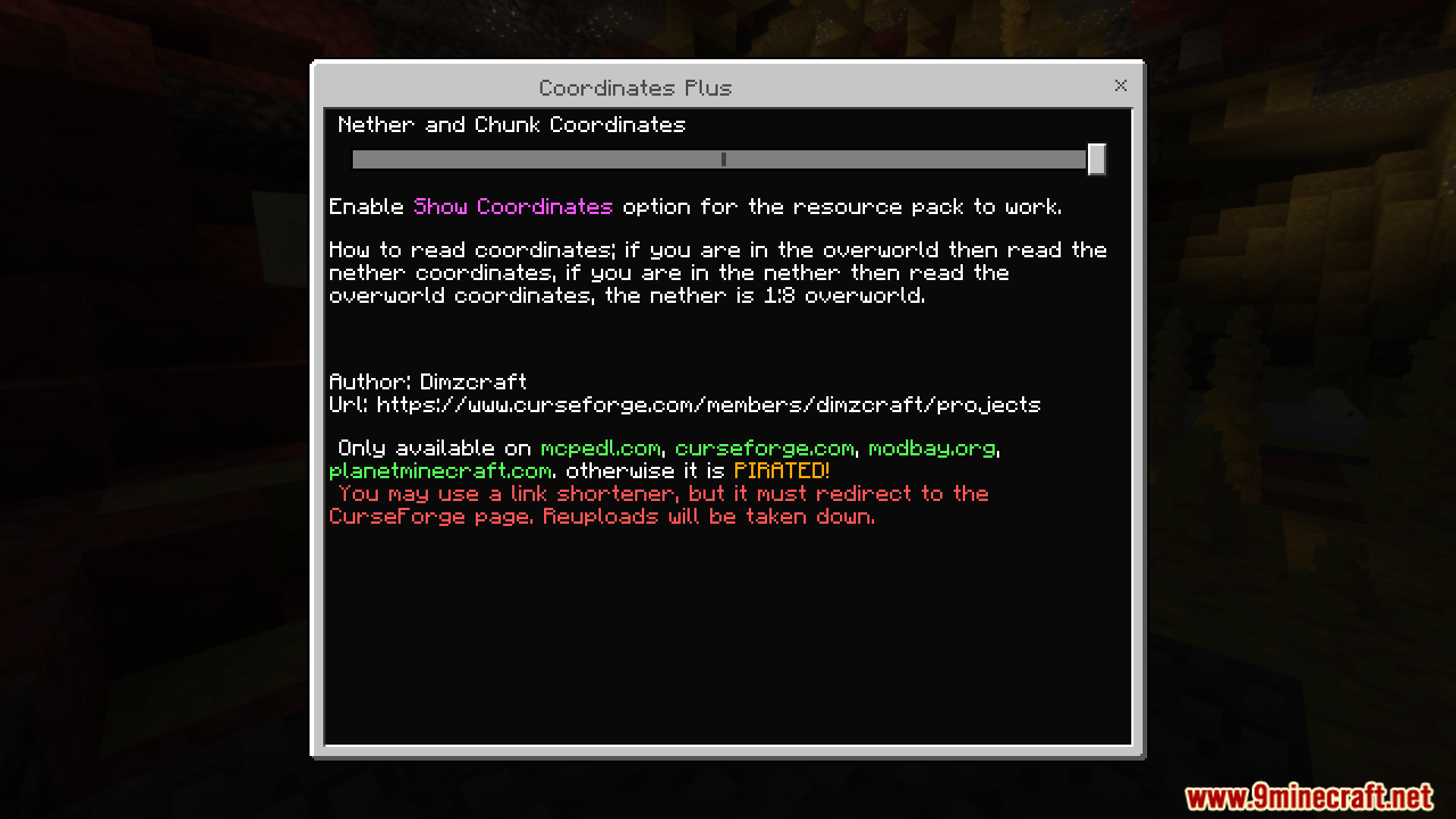Coordinates Plus Texture Pack Screenshot 2 Subpack configuration window for selecting nether and chunk coordinate display options