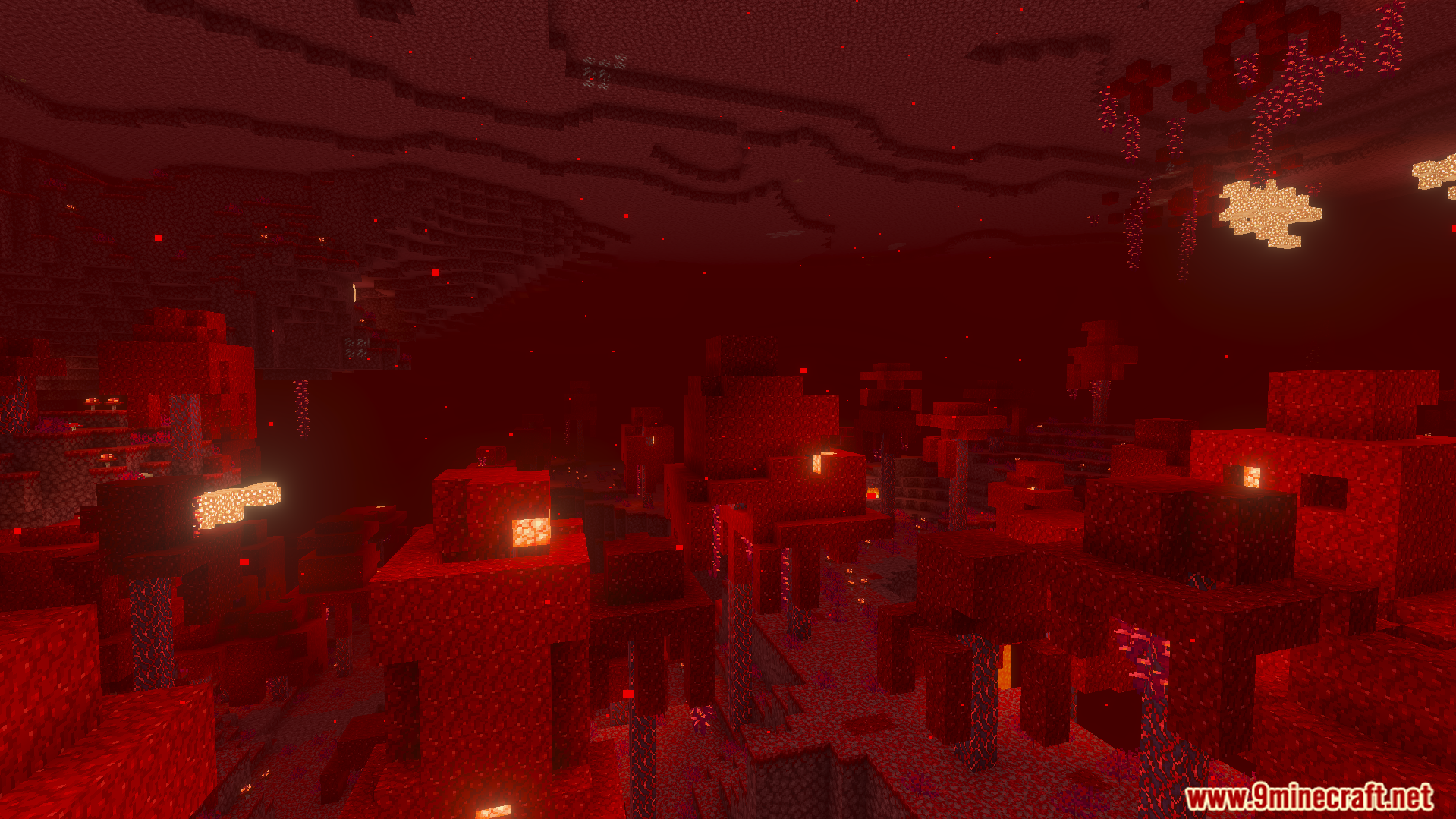 Coordinates Plus Texture Pack Screenshot 6 Vibrant red trees and glowing blocks in the Crimson Forest biome