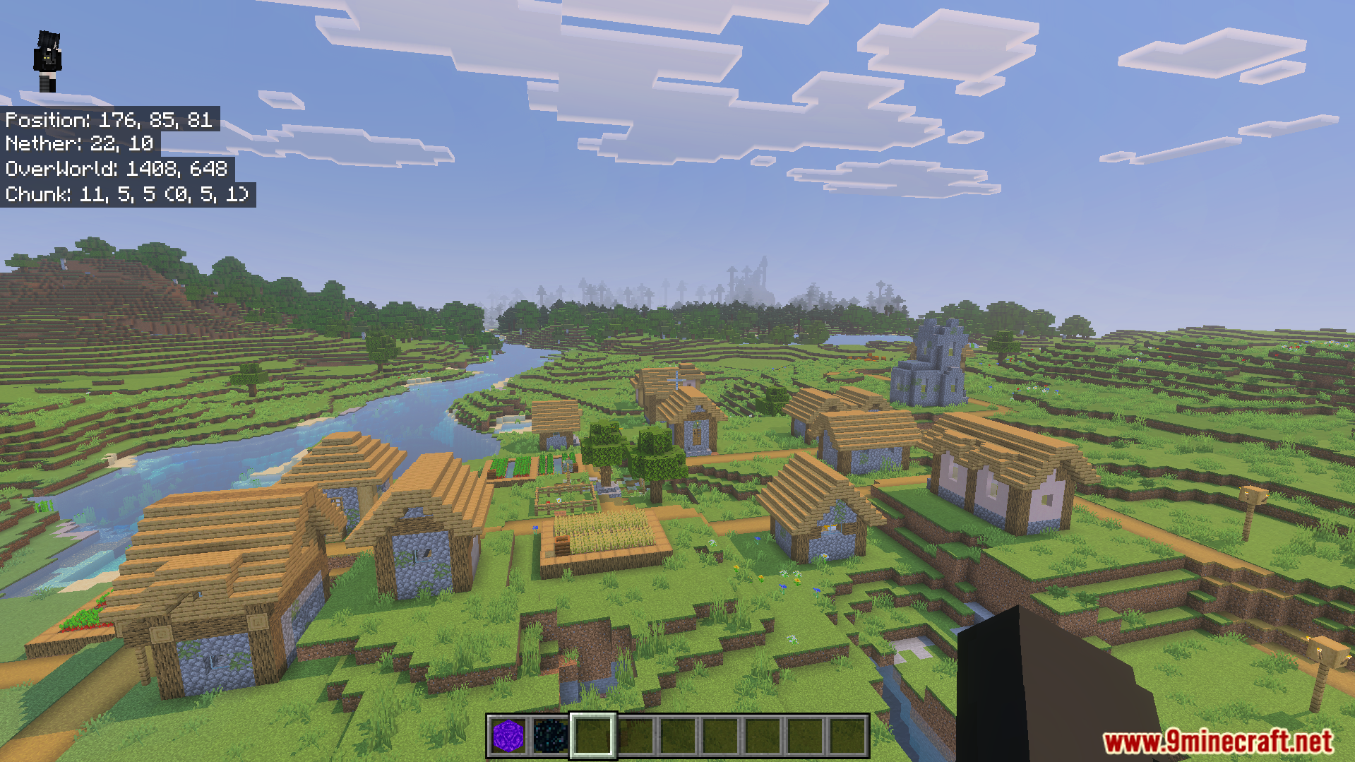 Coordinates Plus Texture Pack Screenshot 9 Texture pack showing overworld nether and chunk coordinates over a Minecraft village