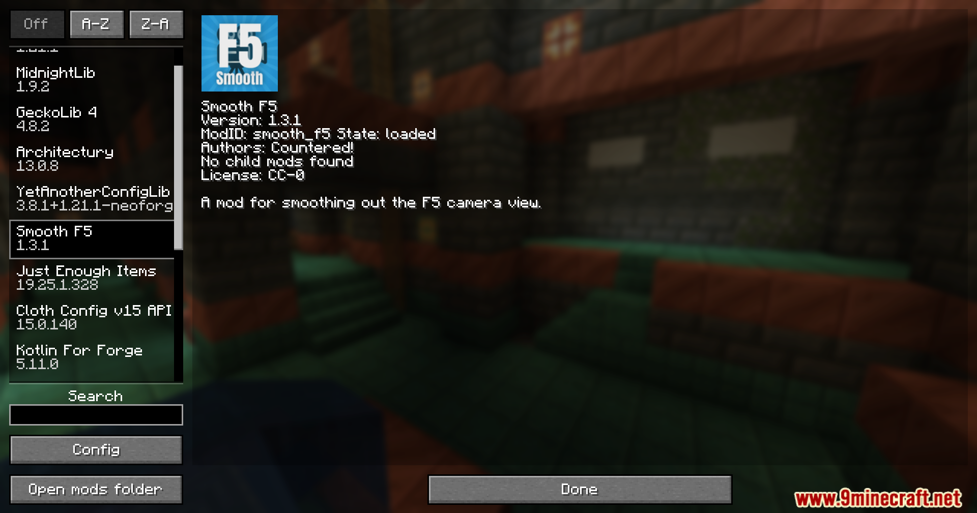 Countered's Smooth F5 Mod Screenshot 1 The Minecraft mod menu displays information about the Smooth F5 mod