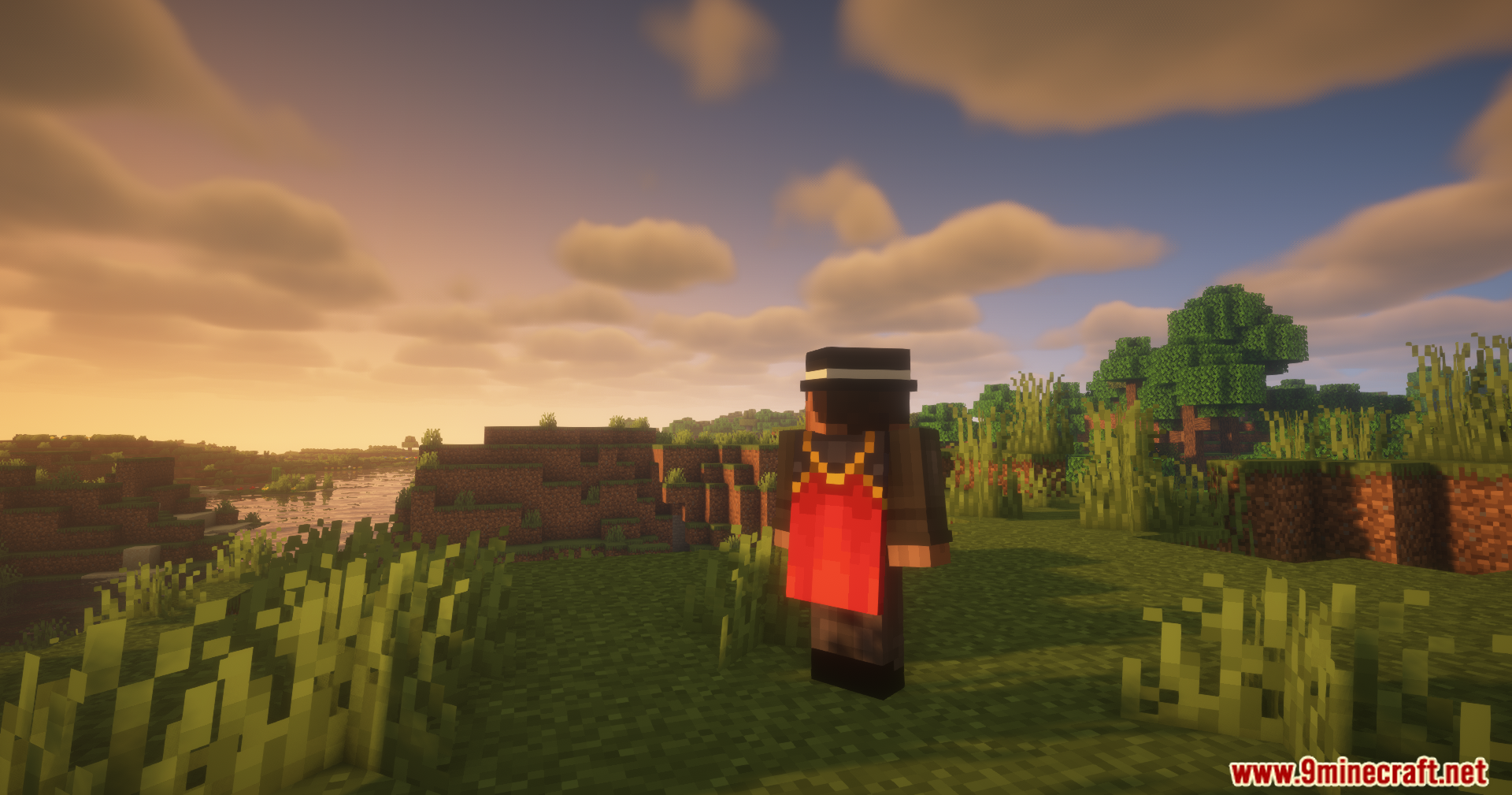 Countered's Smooth F5 Mod Screenshot 3 Third person view of a player character with a red cape at sunset