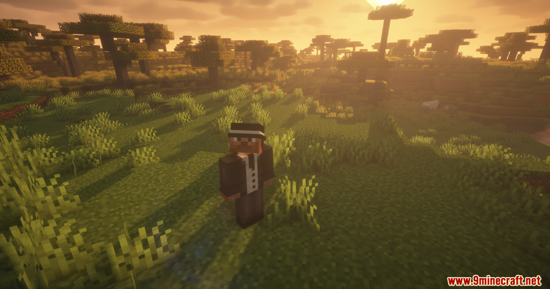 Countered's Smooth F5 Mod Screenshot 4 Front view of a player character wearing a suit in a savanna biome