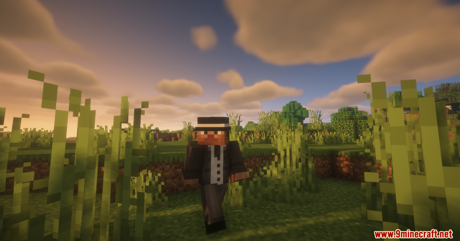 Countered's Smooth F5 Mod Screenshot 5 Minecraft character in a suit walking through a field during a golden sunset