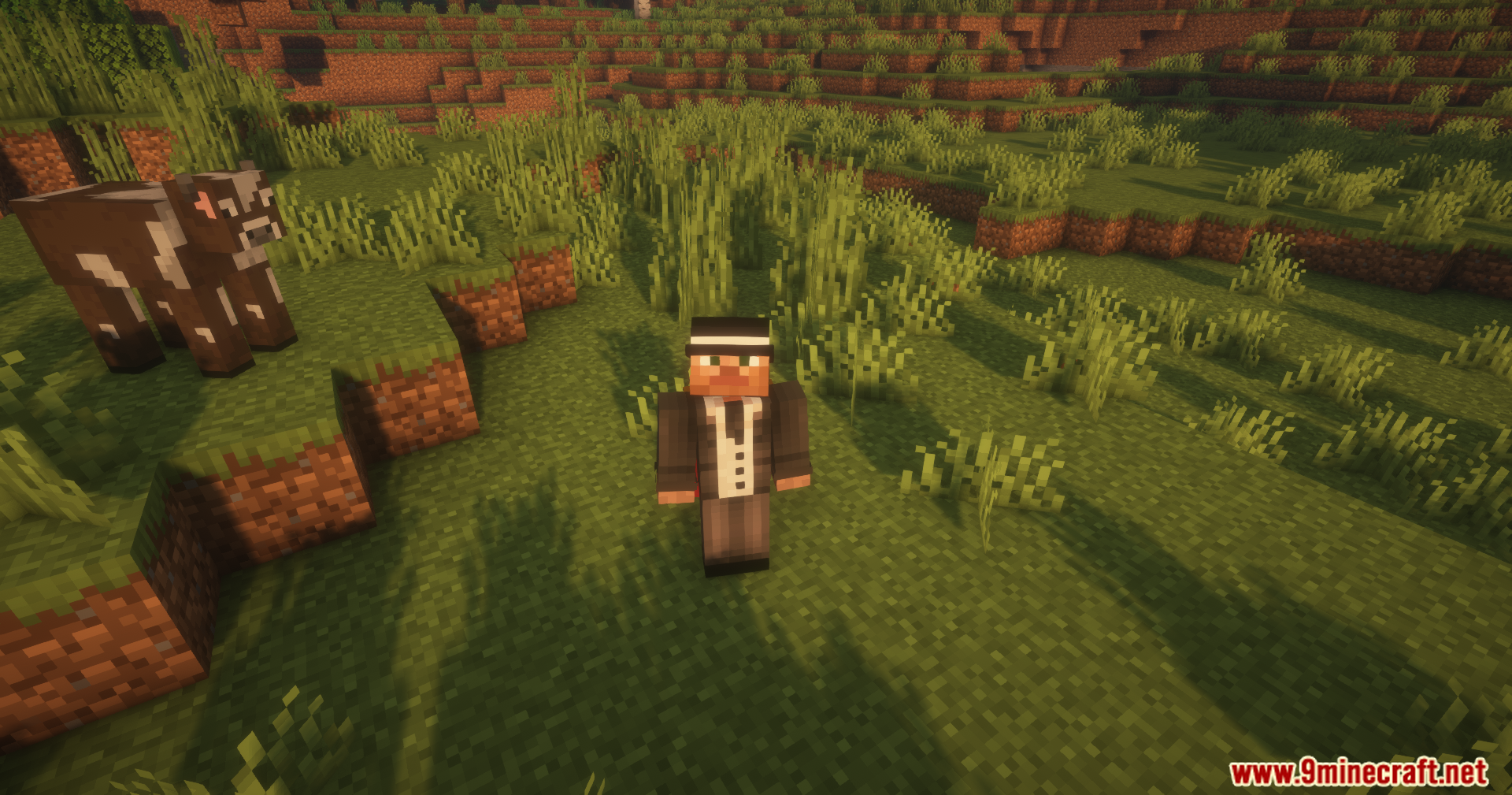 Countered's Smooth F5 Mod Screenshot 8 Front view of a player in a suit standing next to a cow