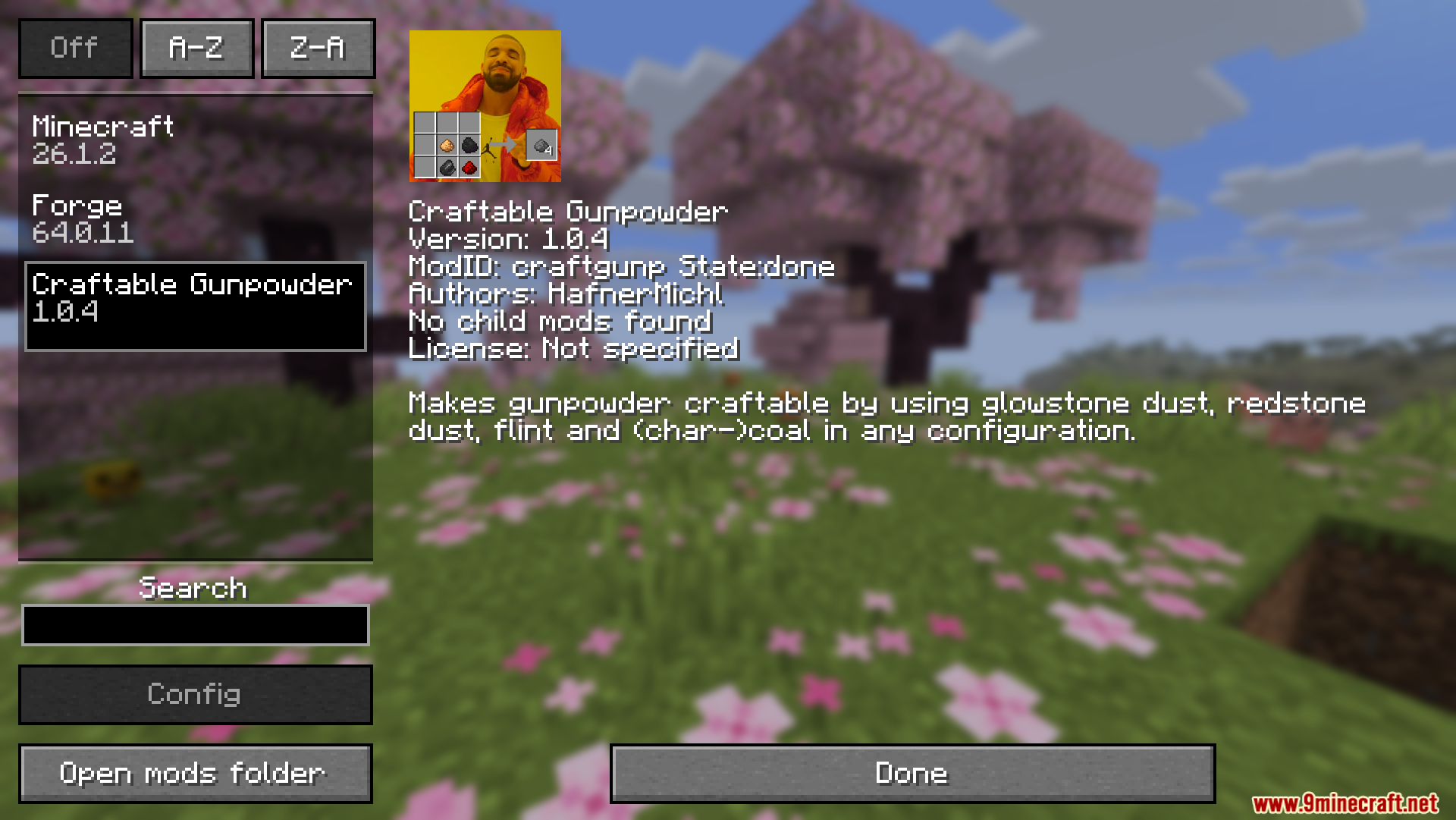 Craftable Gunpowder Recipe Mod Screenshot 1 Minecraft mod menu screen displaying information about the Craftable Gunpowder mod features