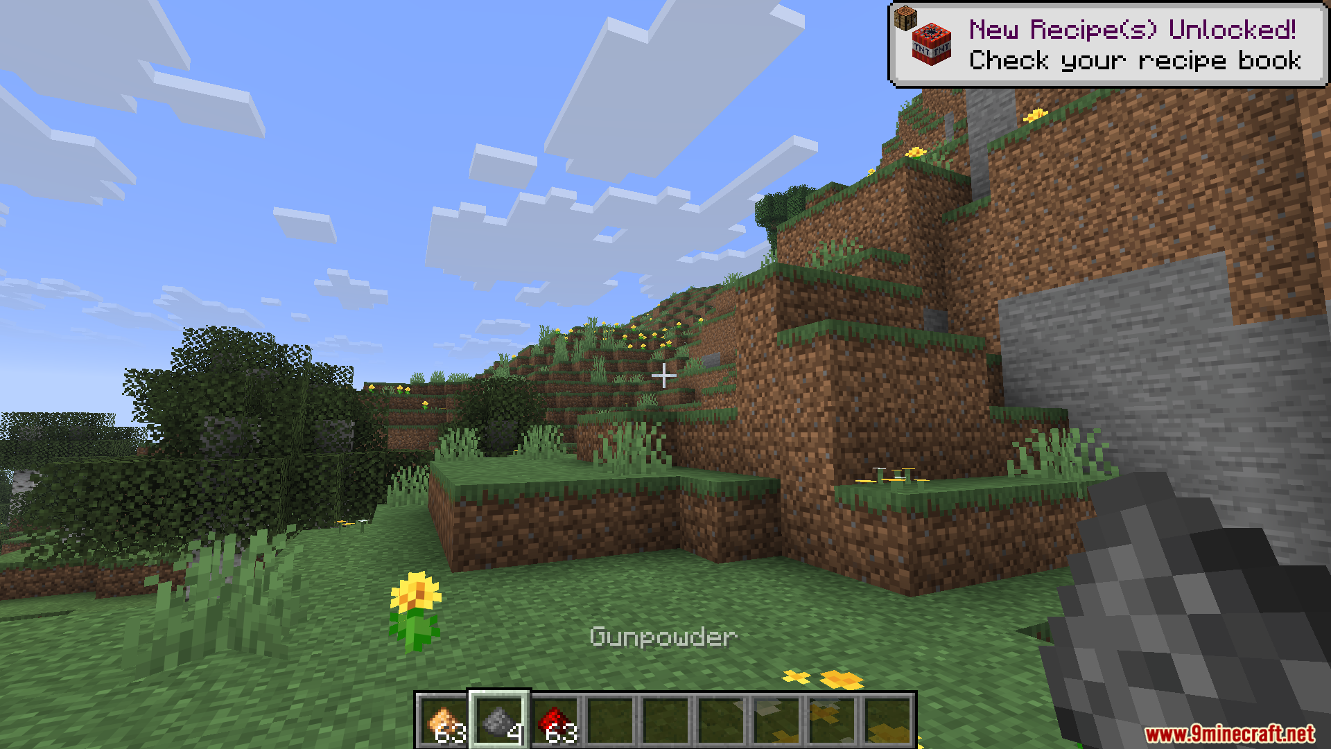 Craftable Gunpowder Recipe Mod Screenshot 4 The player holds gunpowder in their hand while standing in a grassy field