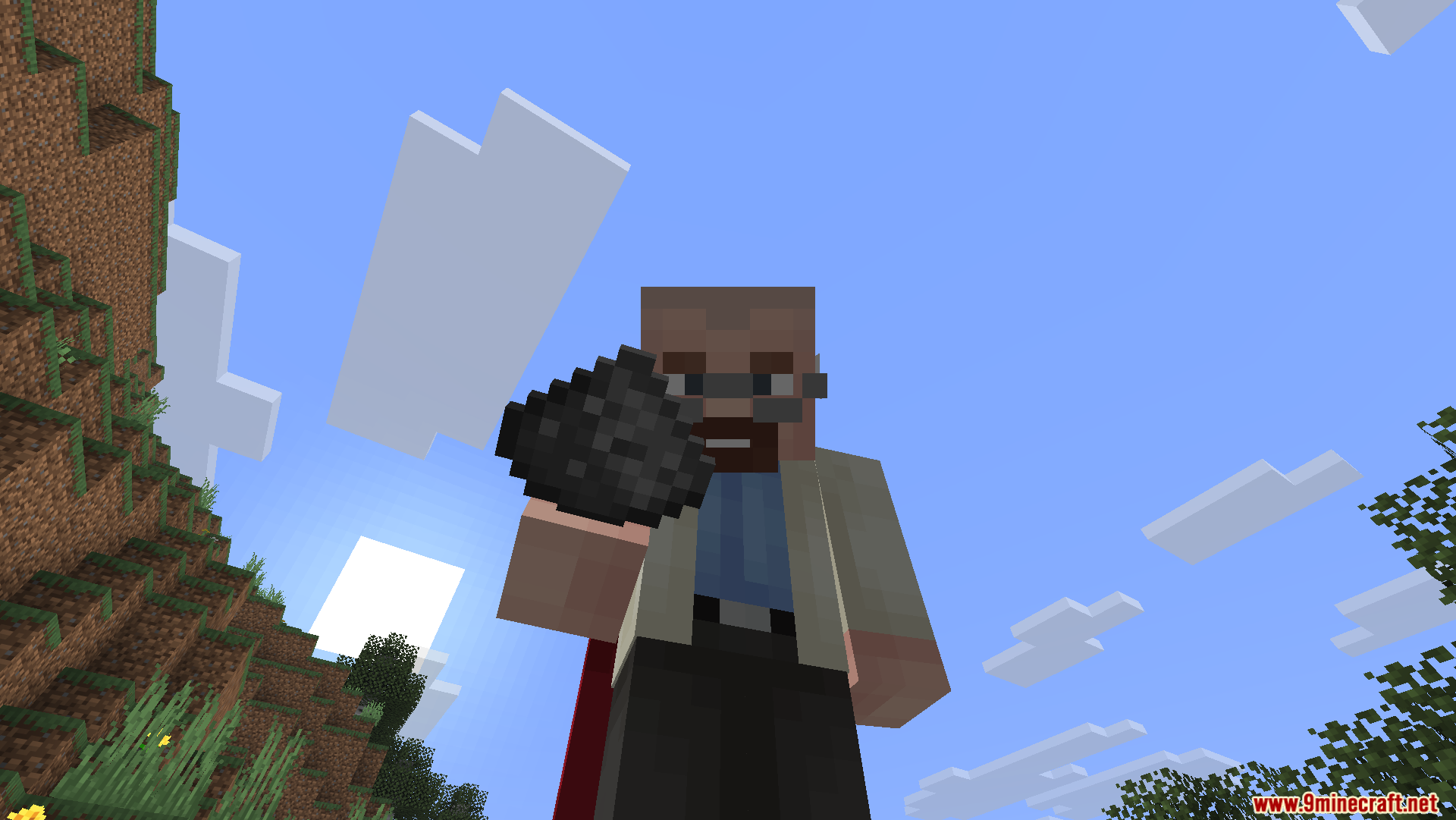 Craftable Gunpowder Recipe Mod Screenshot 6 A Minecraft player holding a piece of gunpowder against the blue sky