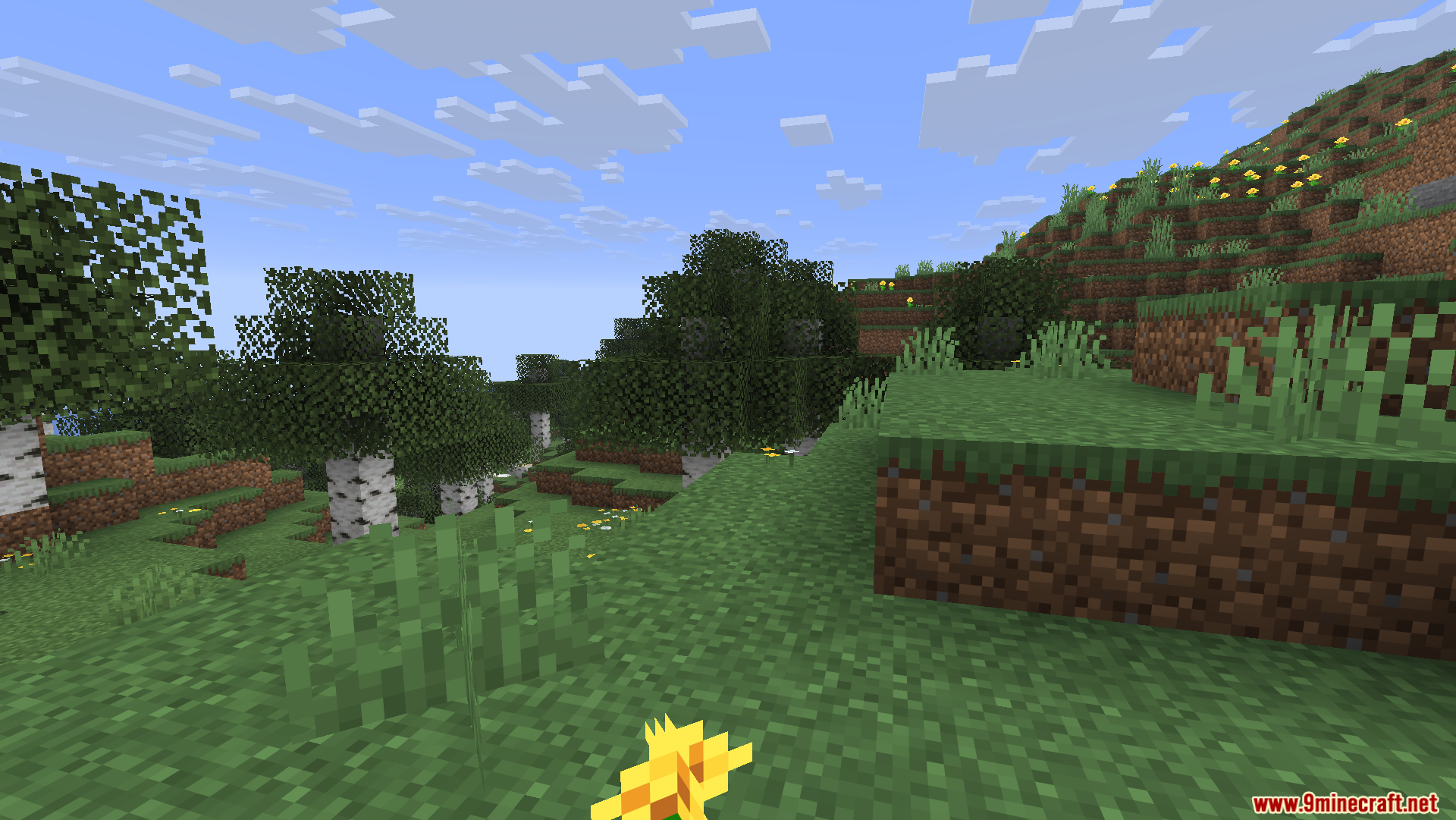 Craftable Gunpowder Recipe Mod Screenshot 9 Scenic Minecraft landscape with birch trees and rolling green hills under clear skies