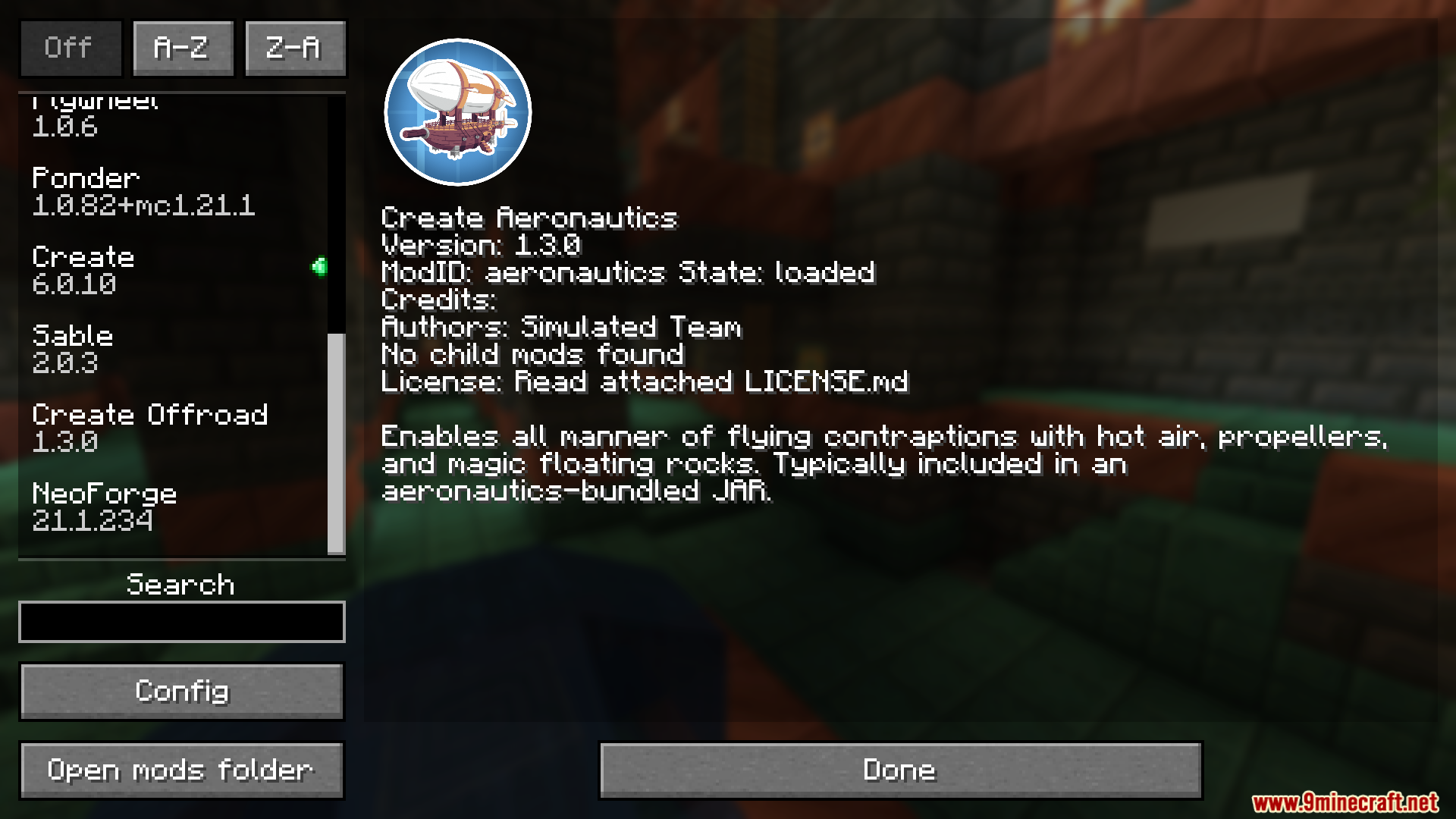 Create Aeronautics Mod Screenshot 1 Mod menu interface showing version details for the Create Aeronautics mod