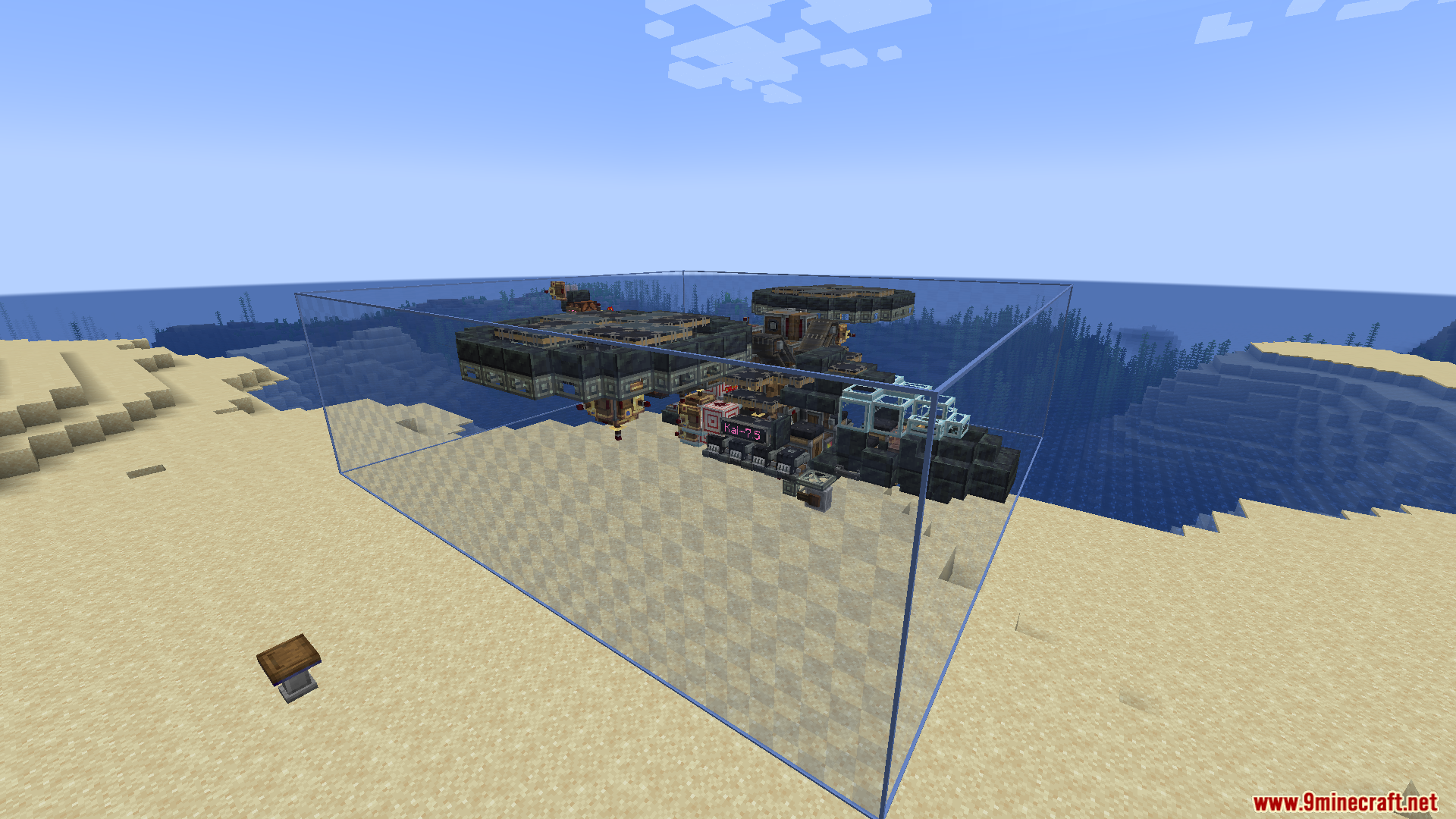 Create Aeronautics Mod Screenshot 2 A complex mechanical flying machine built inside a transparent selection box on a beach