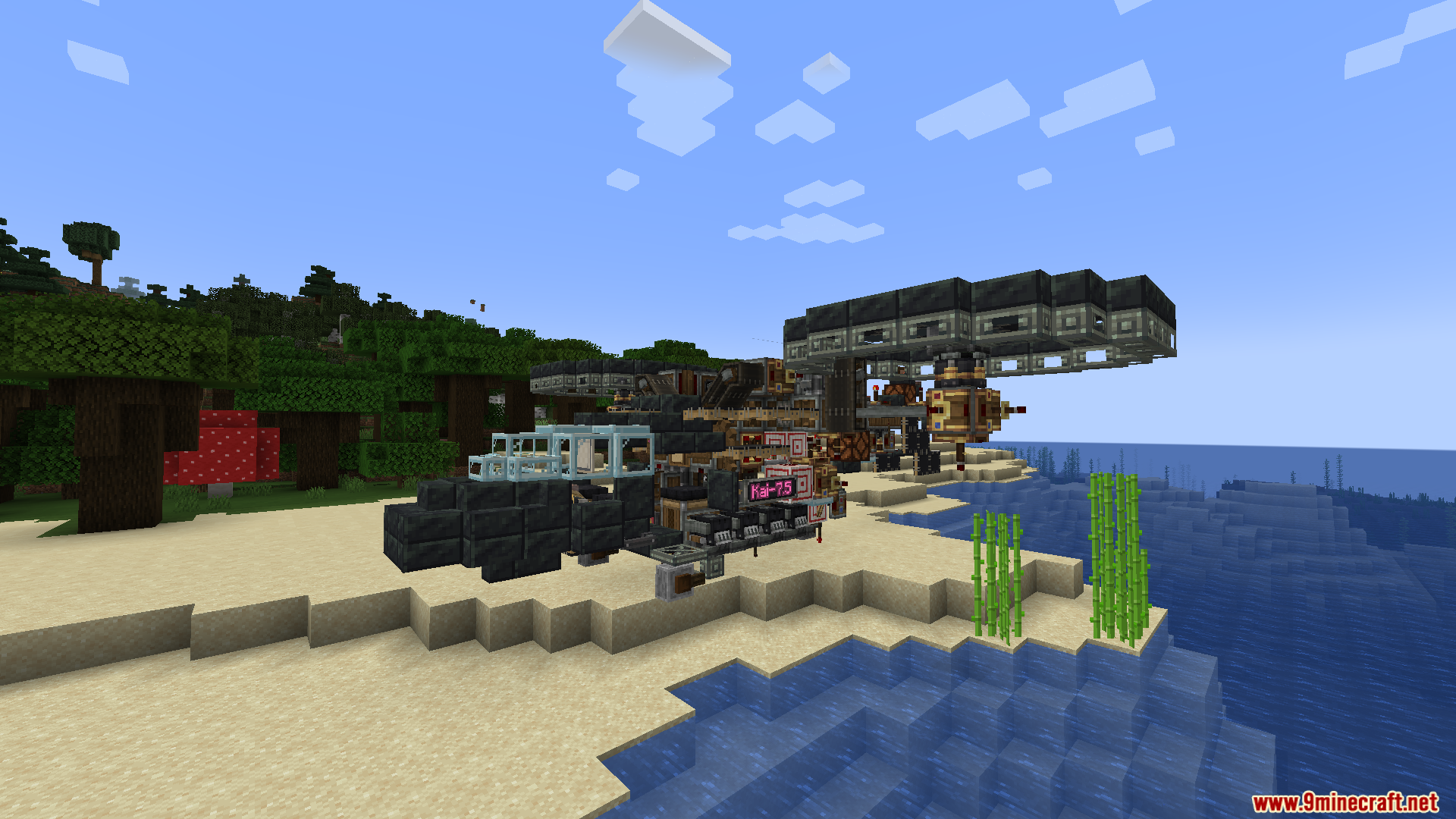Create Aeronautics Mod Screenshot 3 A mechanical helicopter built with Create Aeronautics Mod on a sandy beach
