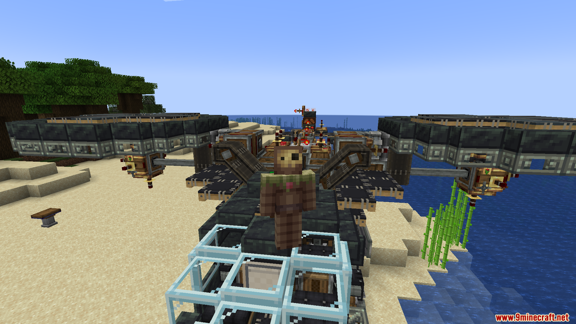 Create Aeronautics Mod Screenshot 5 Player standing on a large Create Aeronautics aircraft with rotating rotors on a beach